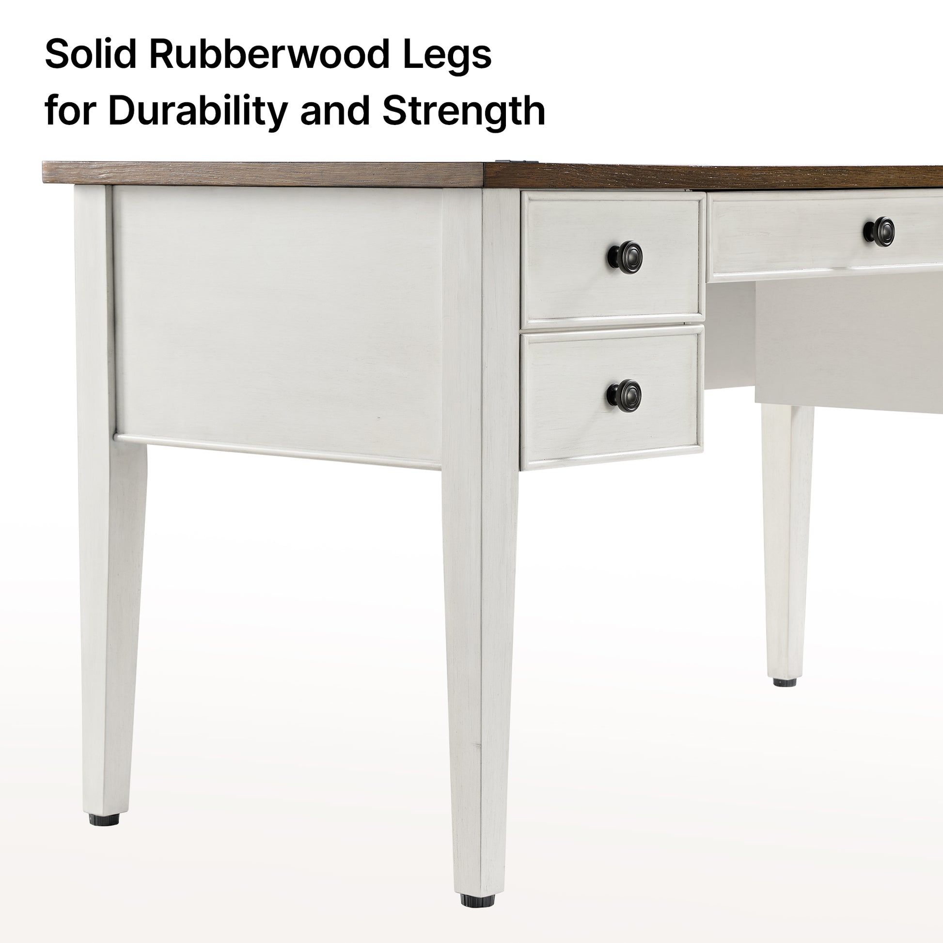 Farmhouse Office Desk With Solid Rubberwood Legs. White Desk With Drawers and Wood Top for a Durable Workspace.