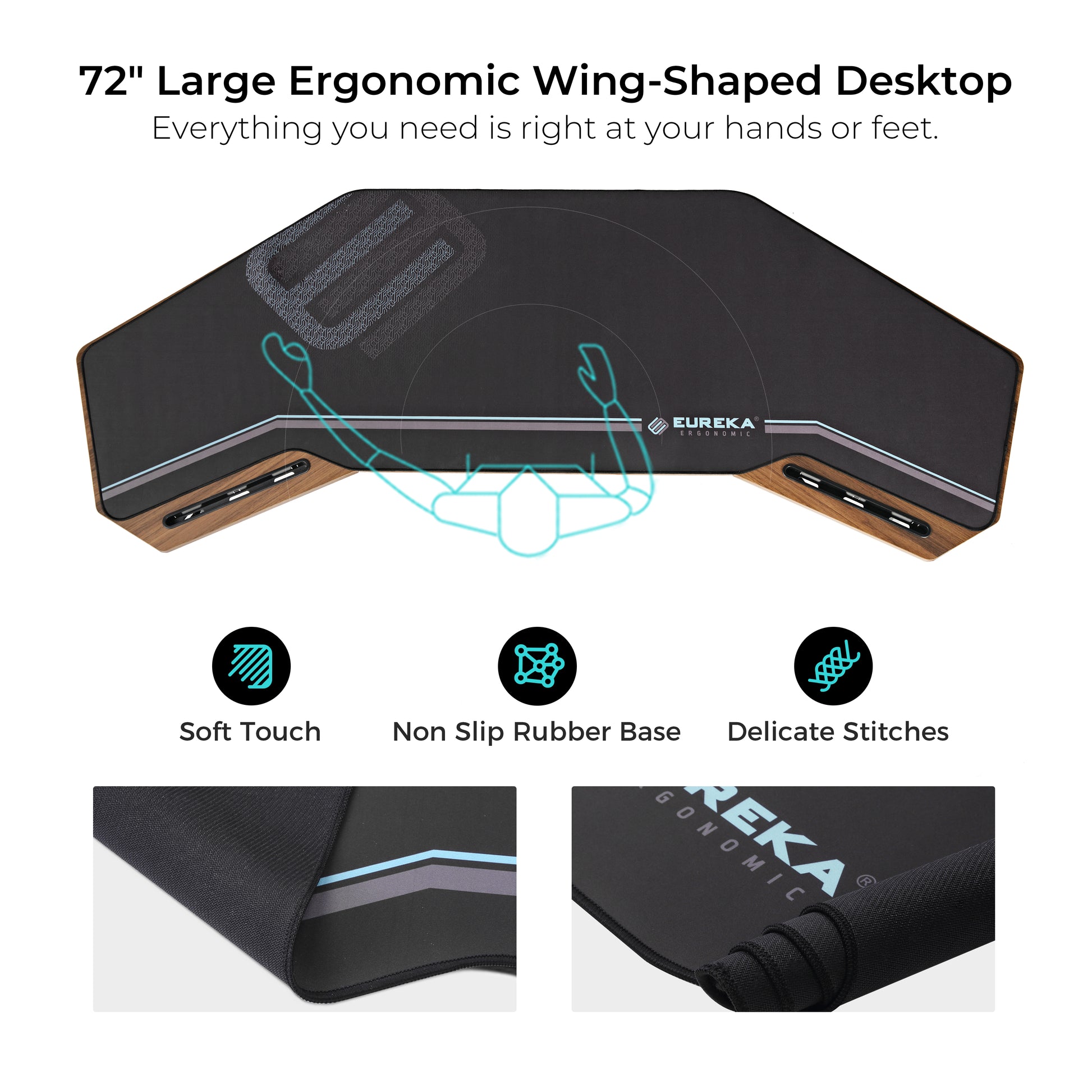 Eureka Ergonomic 72 Wing-Shaped Desk: Black Ergonomic Desk With Soft Touch, Non-Slip Base and Stitching.