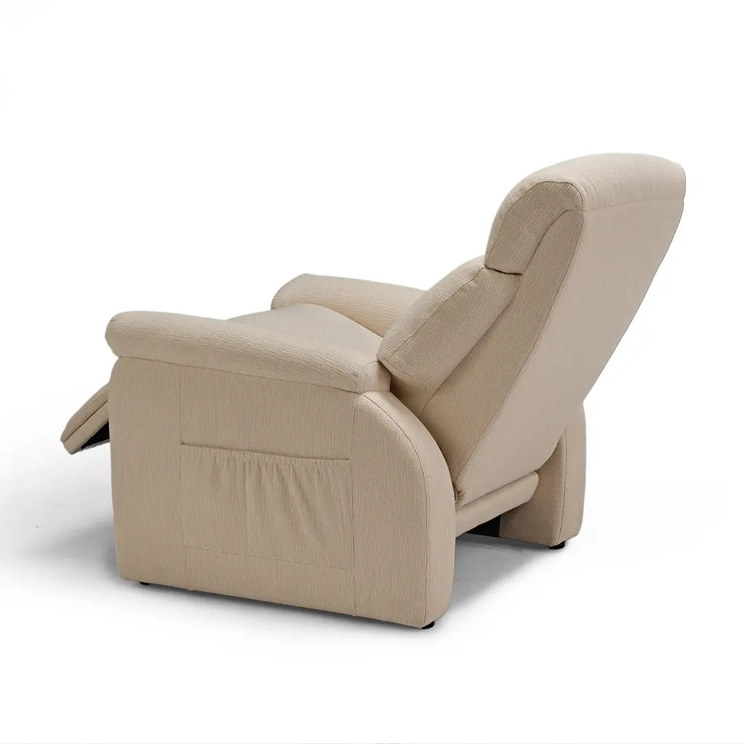 Beige Henry-Armrest Zero Gravity Recliner Chair, Cotton-Linen Fabric, Reclined Position, Side Pocket Detail.