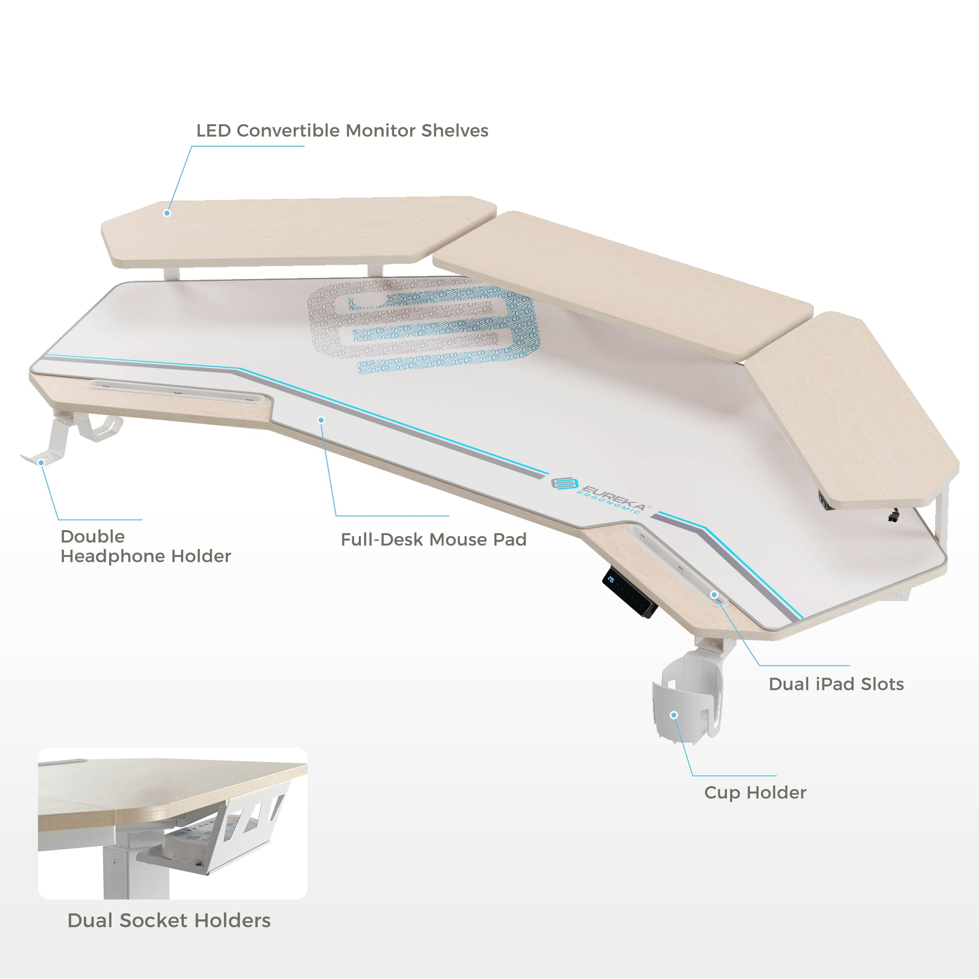 Aero Pro Standing Desk With Accessories, Including Led Shelves, and Cup Holder.