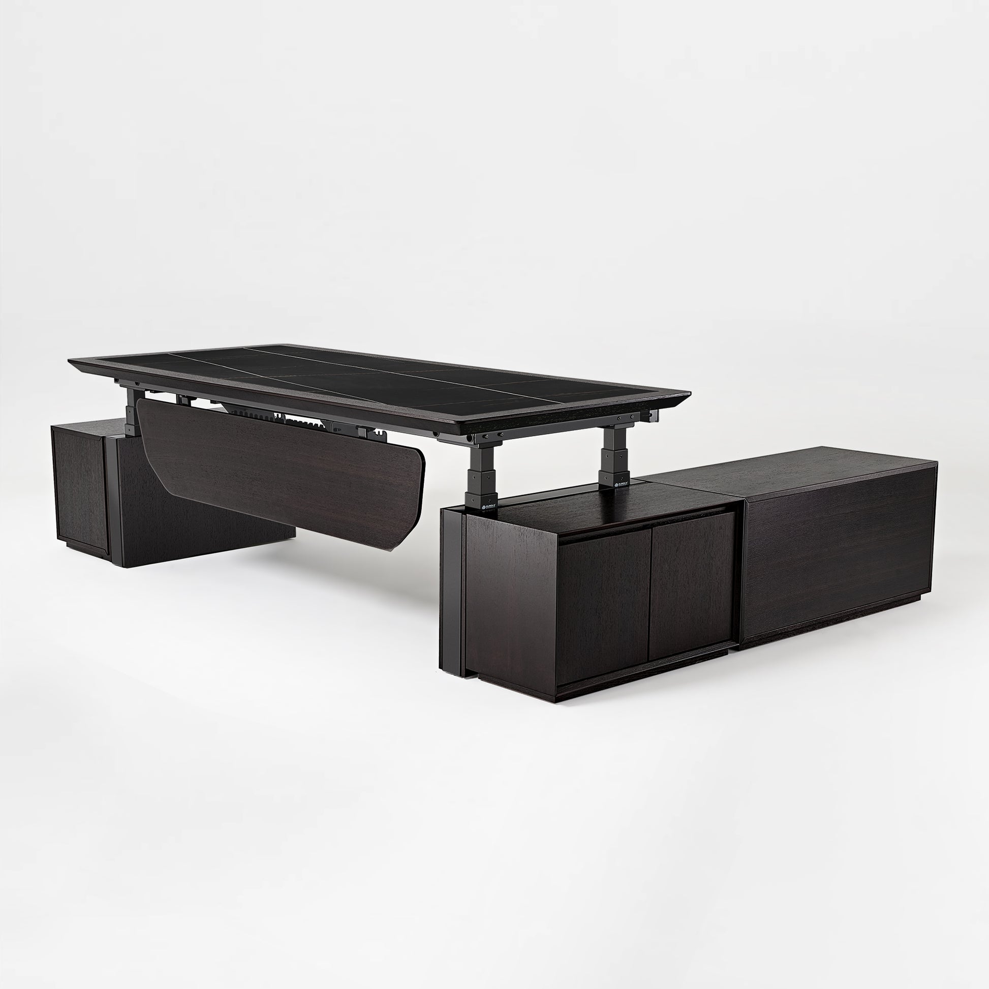 Zen Classic Executive Standing Desk in Dark Wood Finish, With Cabinets and Adjustable Height, Perfect for a Modern Workspace.