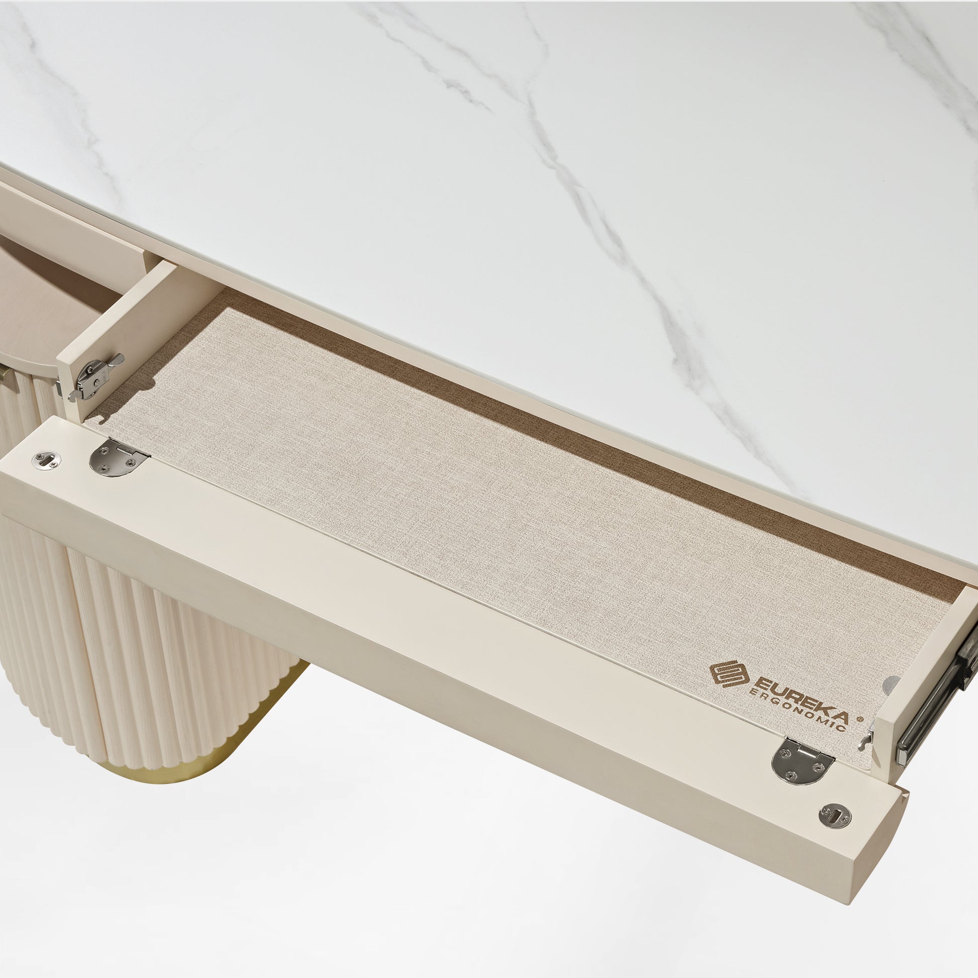 Eureka Ergonomic Opal Oval Executive Standing Desk Drawer Detail, Beige Linen Interior With Logo, Marble Top and Fluted Leg.