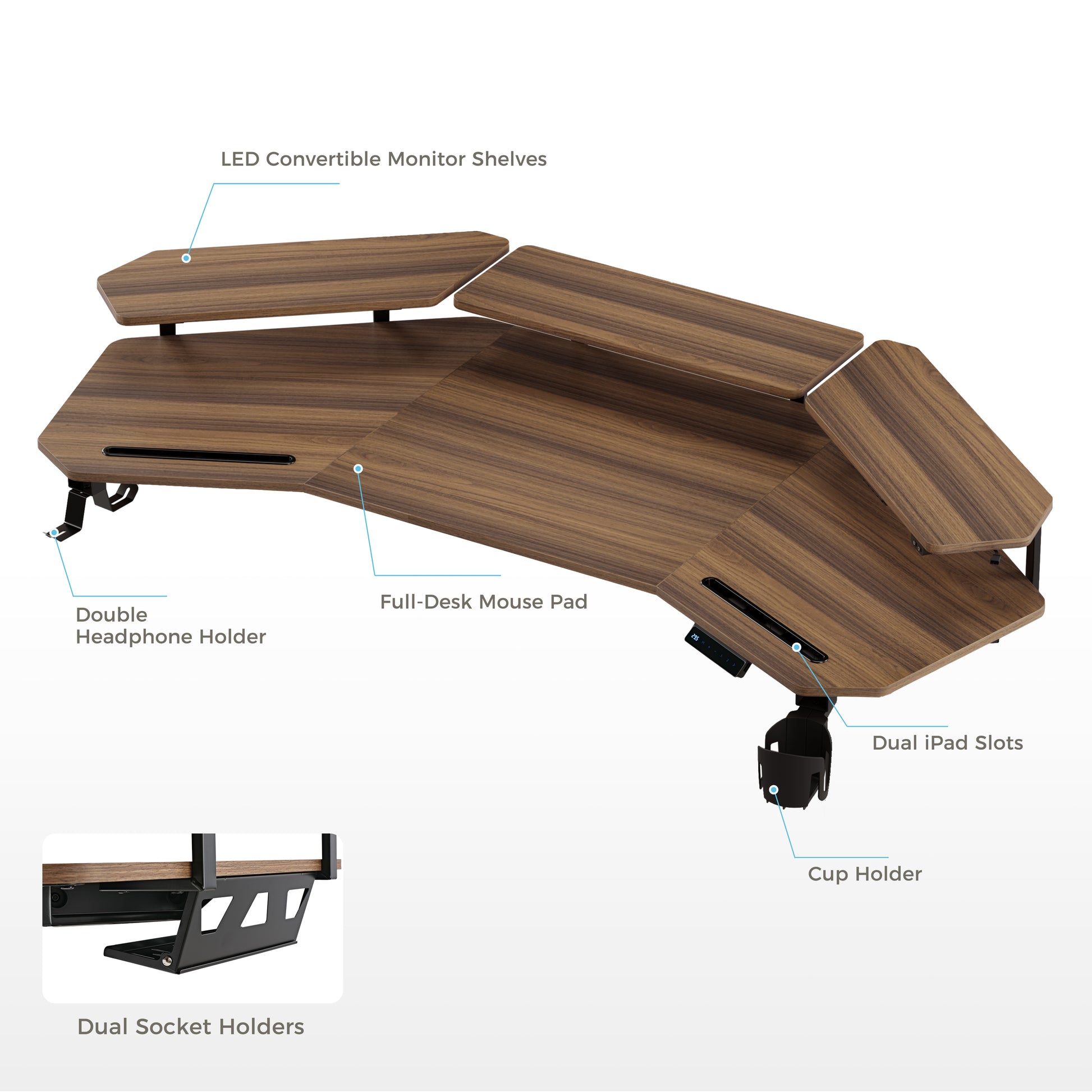 Eureka Ergonomic Aero Pro Standing Desk, Walnut Finish, With Accessories and Led Monitor Shelves.
