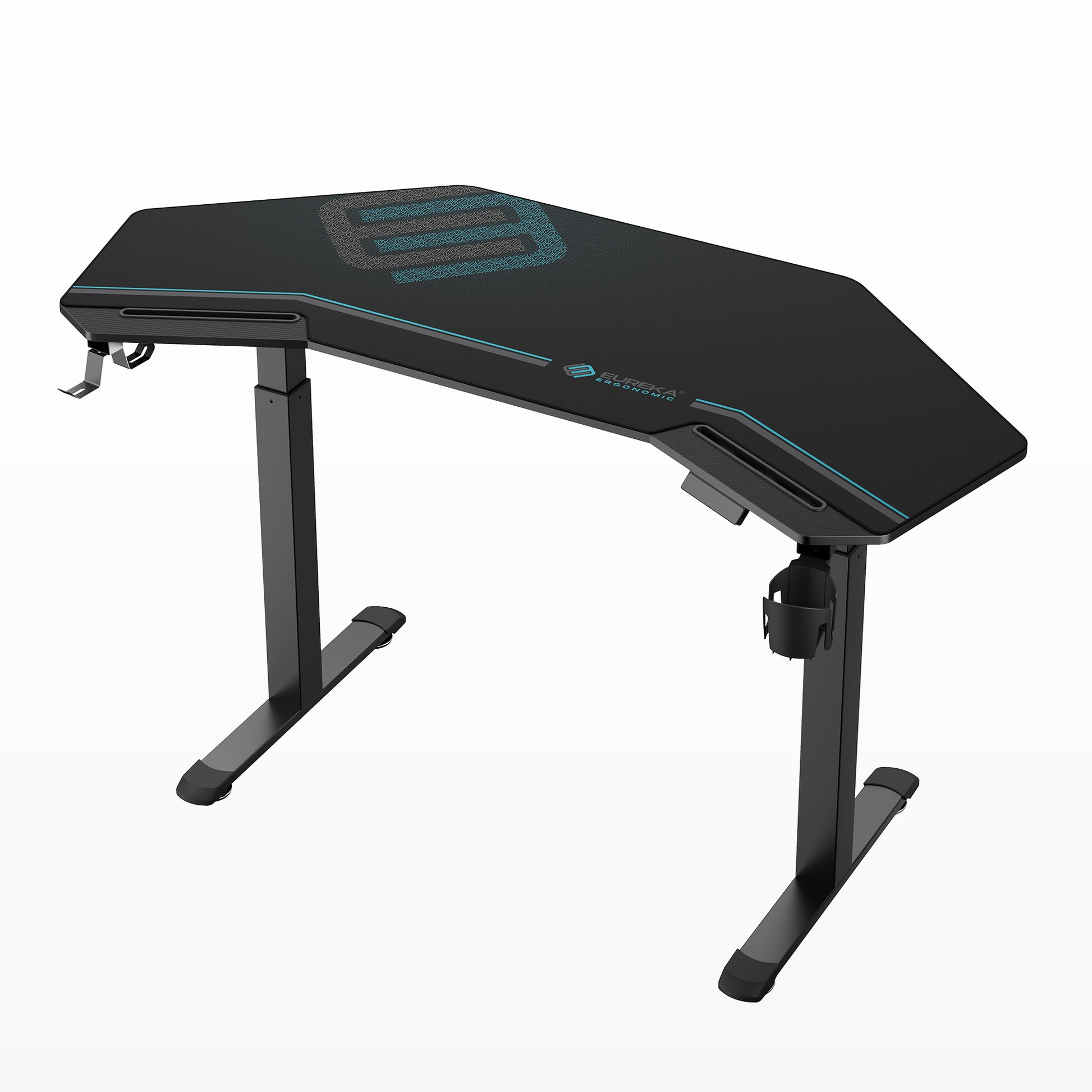 Eureka Ergonomic Black 63" Aero Pro wing-shaped standing desk with blue geometric logo and cup holder.