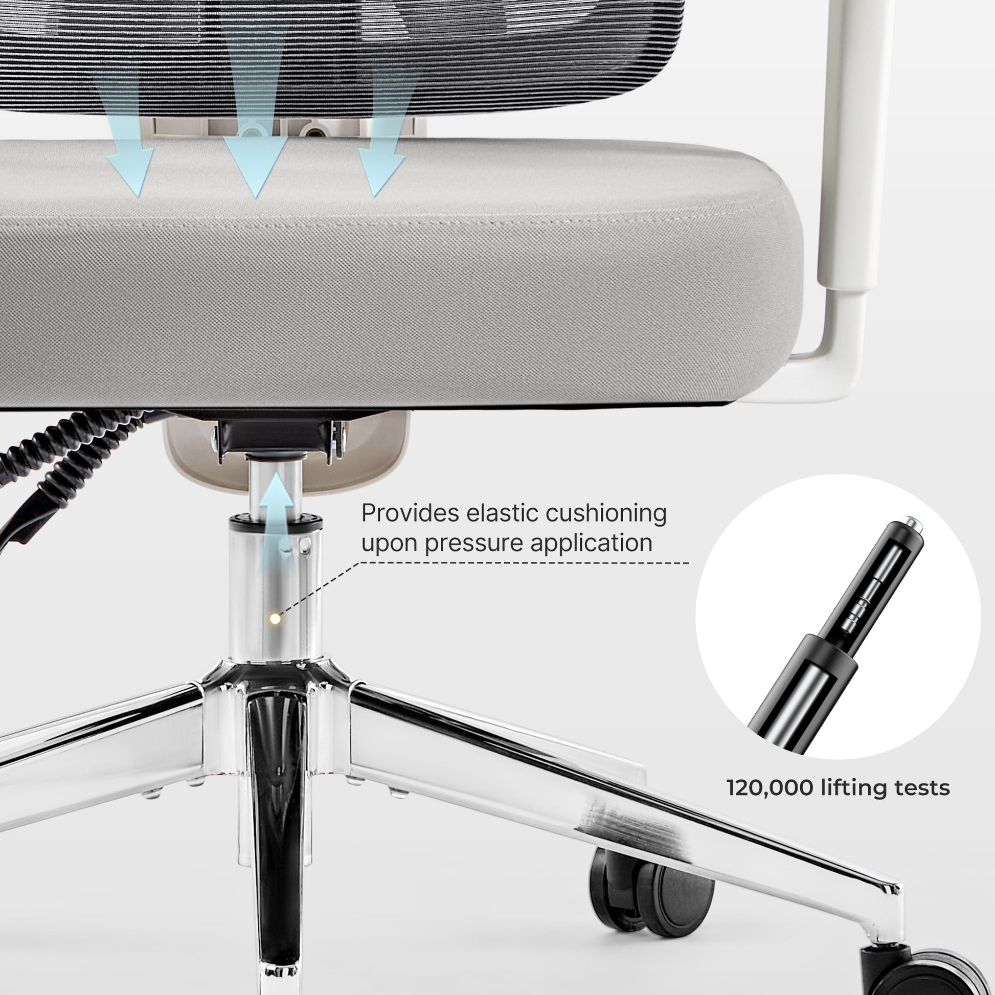 Eureka Ergonomic Exis ergonomic chair gray fabric seat, breathable mesh back, and gas lift tested for 120,000 cycles.