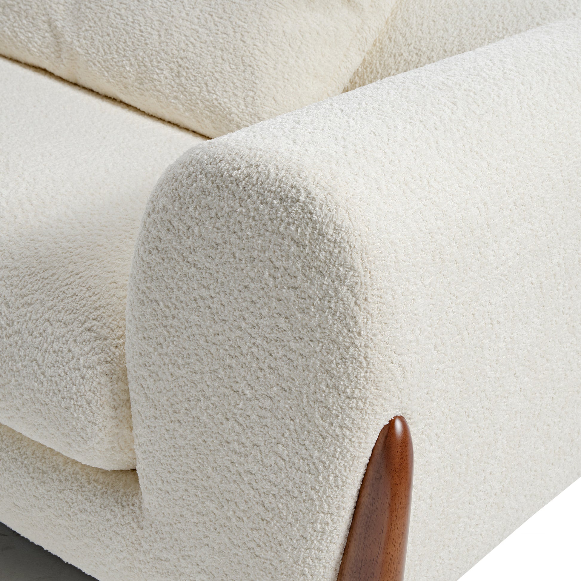 Rowan Accent Chair Detail, Off-White Fabric With Wooden Leg, Modern Living Room Furniture.