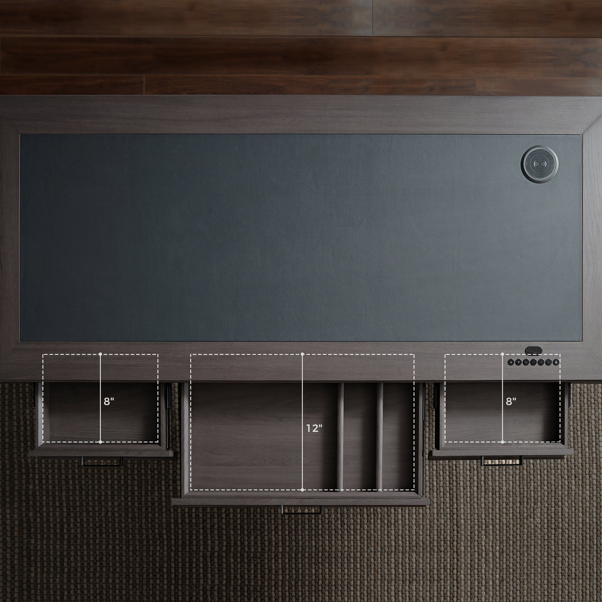 Executive Standing Desk with Three Drawers with Flexible Dividers, Leather Top and inset Qi Charger