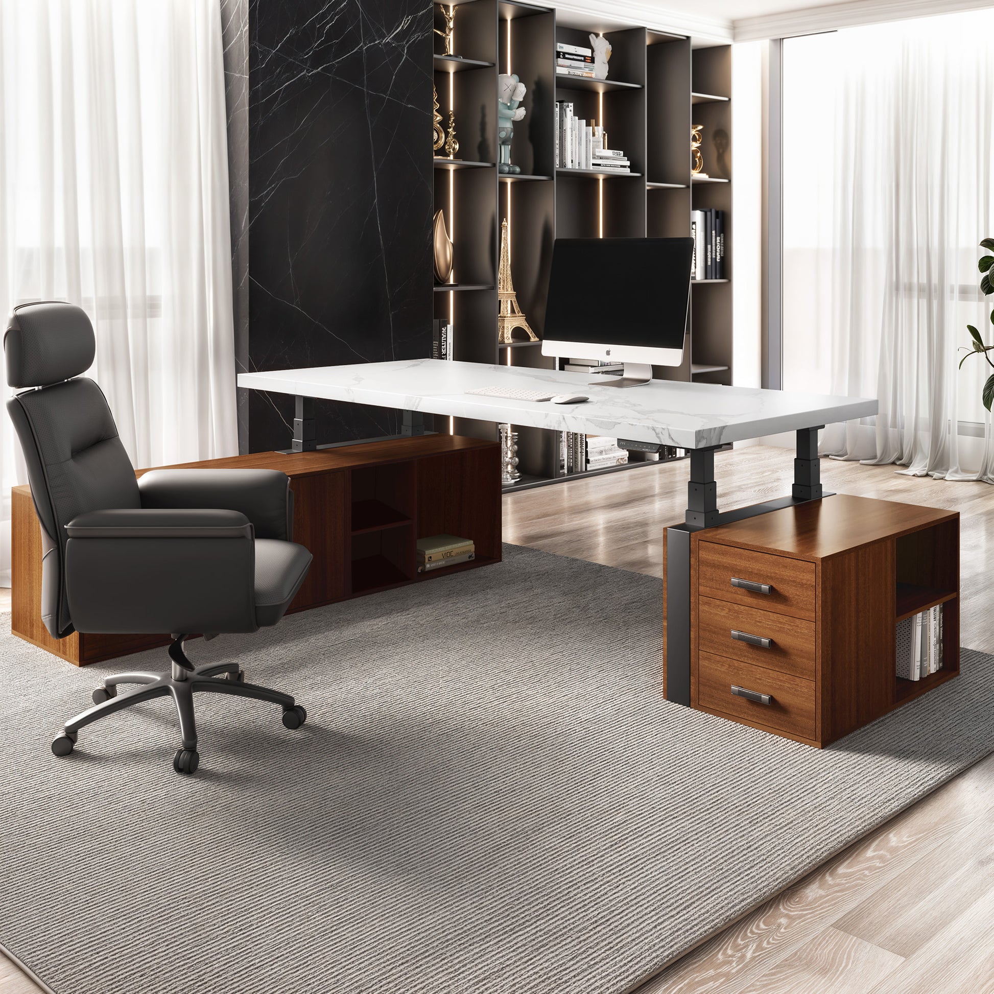 Eureka Ergonomic Zen Pro Executive Standing Desk With Black Sintered Stone Top, Wooden Cabinets, and a Luxury Office Chair.