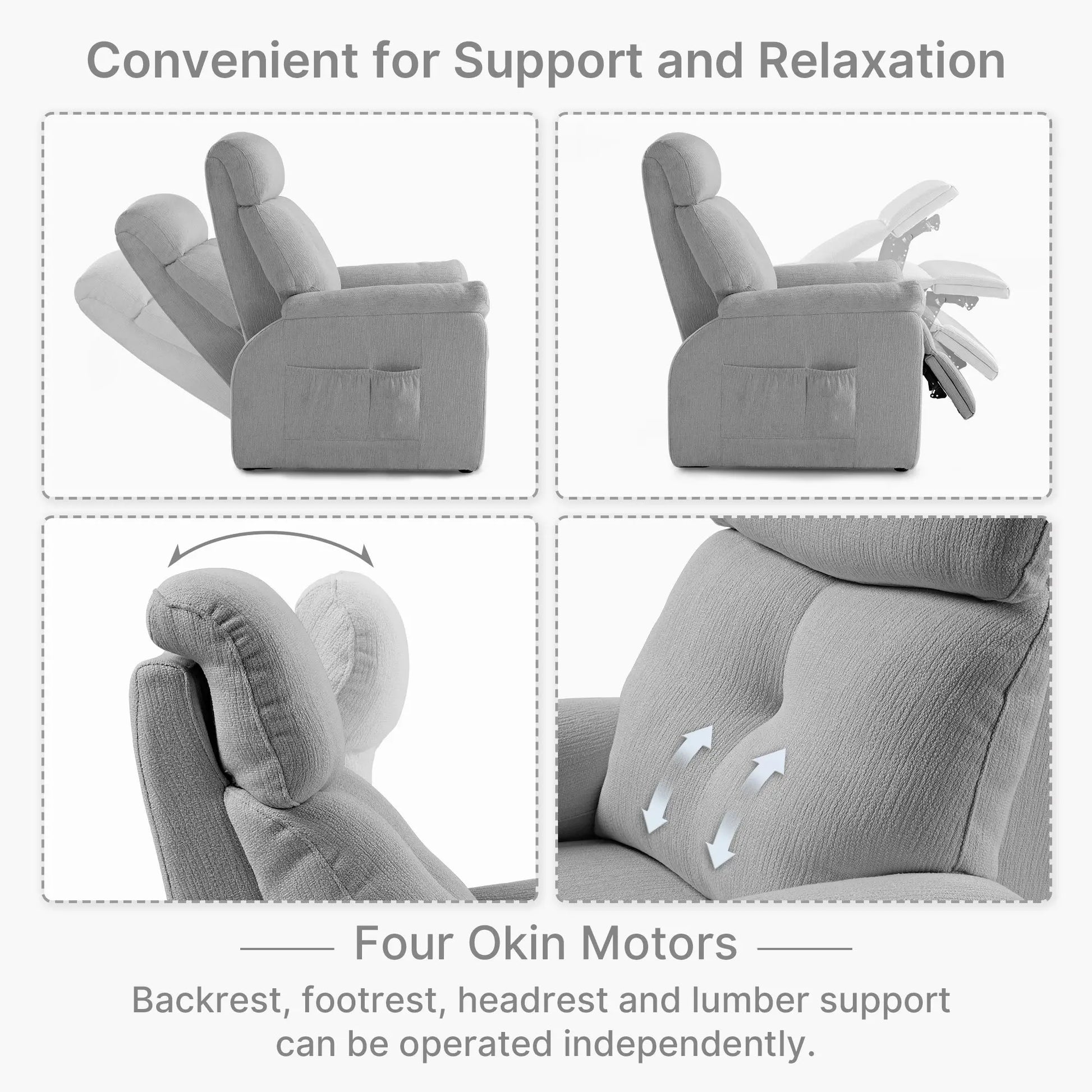 Henry-Armrest Recliner, Showcasing Adjustable Back, Footrest, Headrest, and Lumbar Support Via Four Okin Motors.