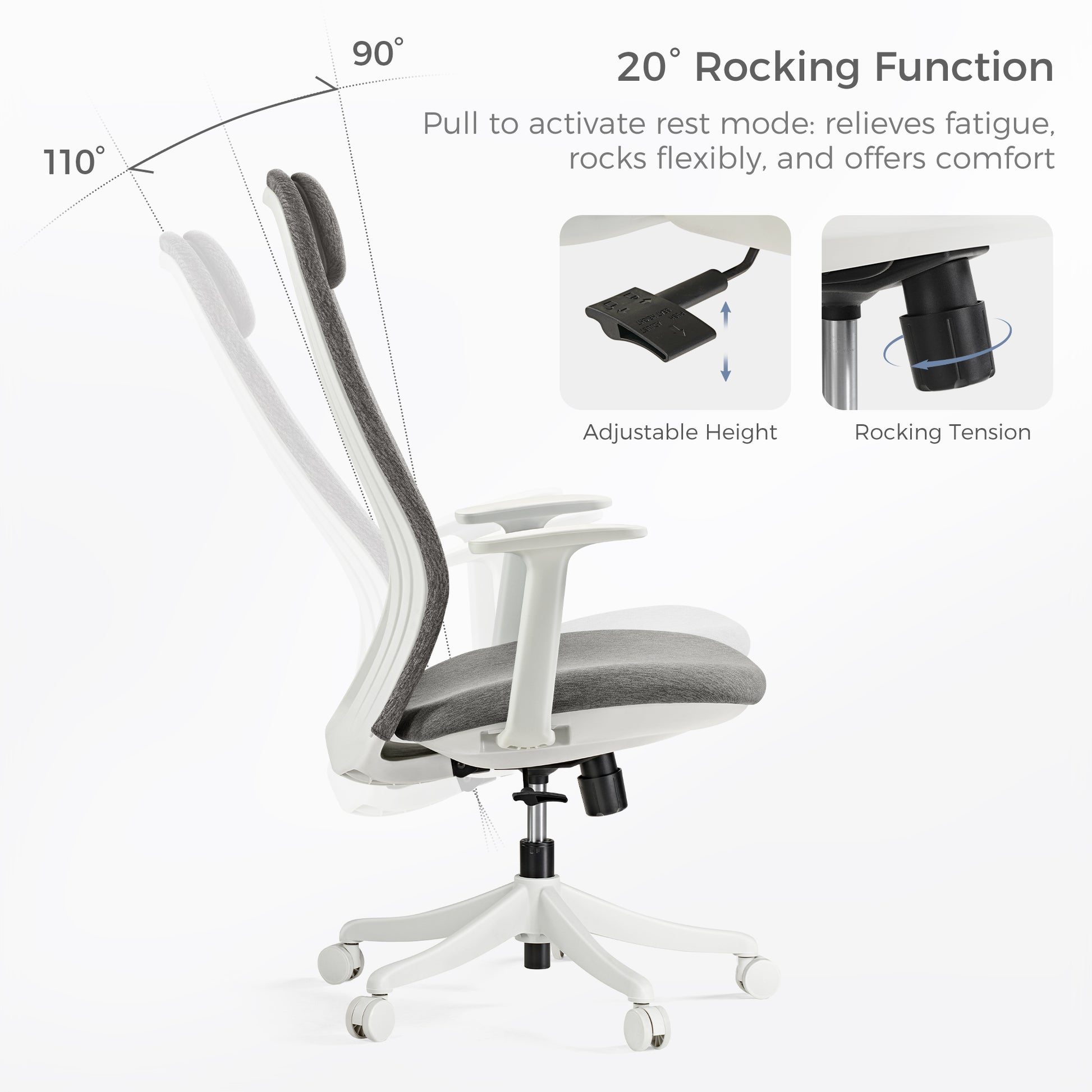 Skylar-Lite Ergonomic Office Chair Showing Rocking Function, Adjustable Height, and Tension for Comfortable Workspace.
