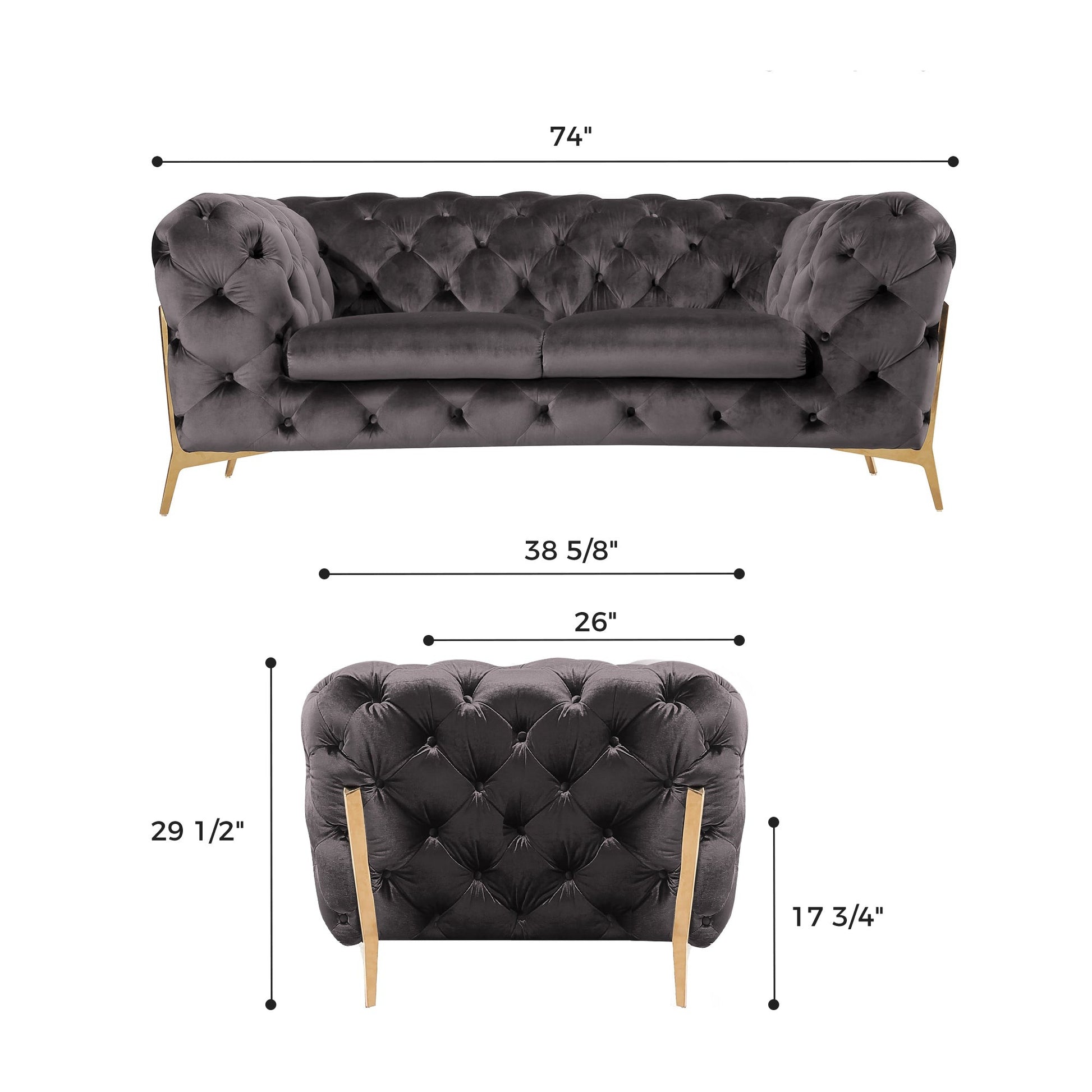 Beverly Loveseat Sofa in Gray Velvet With Rose Gold Legs, With Dimensions Shown.