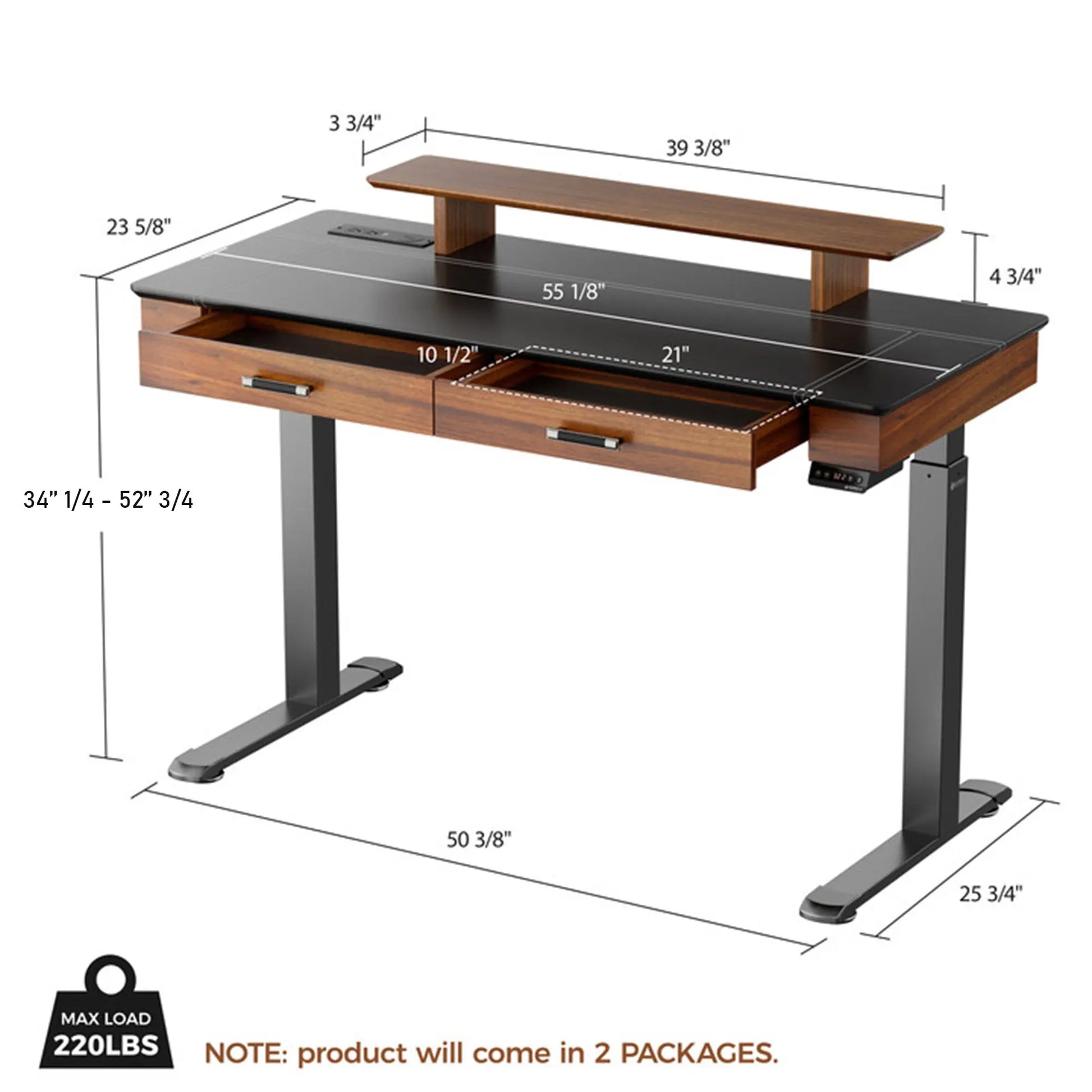 Faux Saddle Leather Adjustable Standing Desk With Dimensions and Specifications, With a Max Load of 220 Lbs.