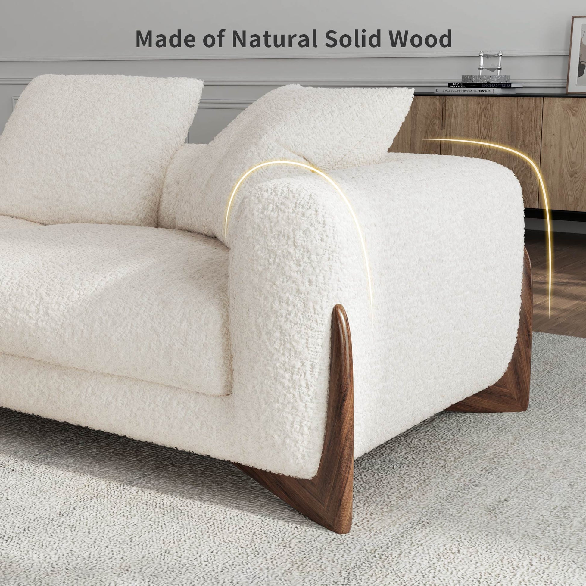 Rowan Accent Chair, Off-White Boucle Fabric, Solid Wood, Made of Natural Solid Wood, Modern Design.