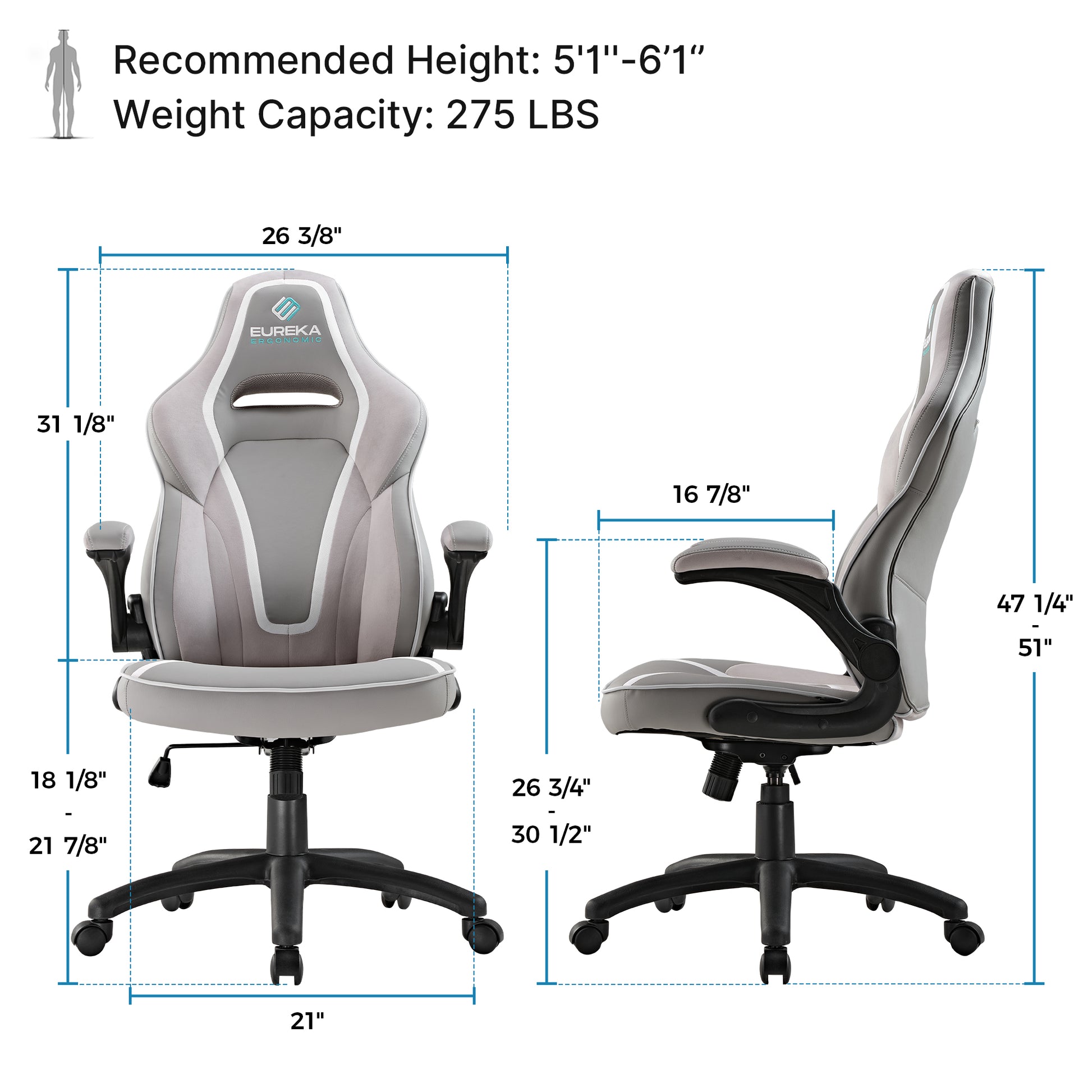 Eureka Ergonomic Vortex Gaming Chair Dimensions, Gray Pu Leather, Ergonomic Design With Specifications, 275 Lbs Capacity.