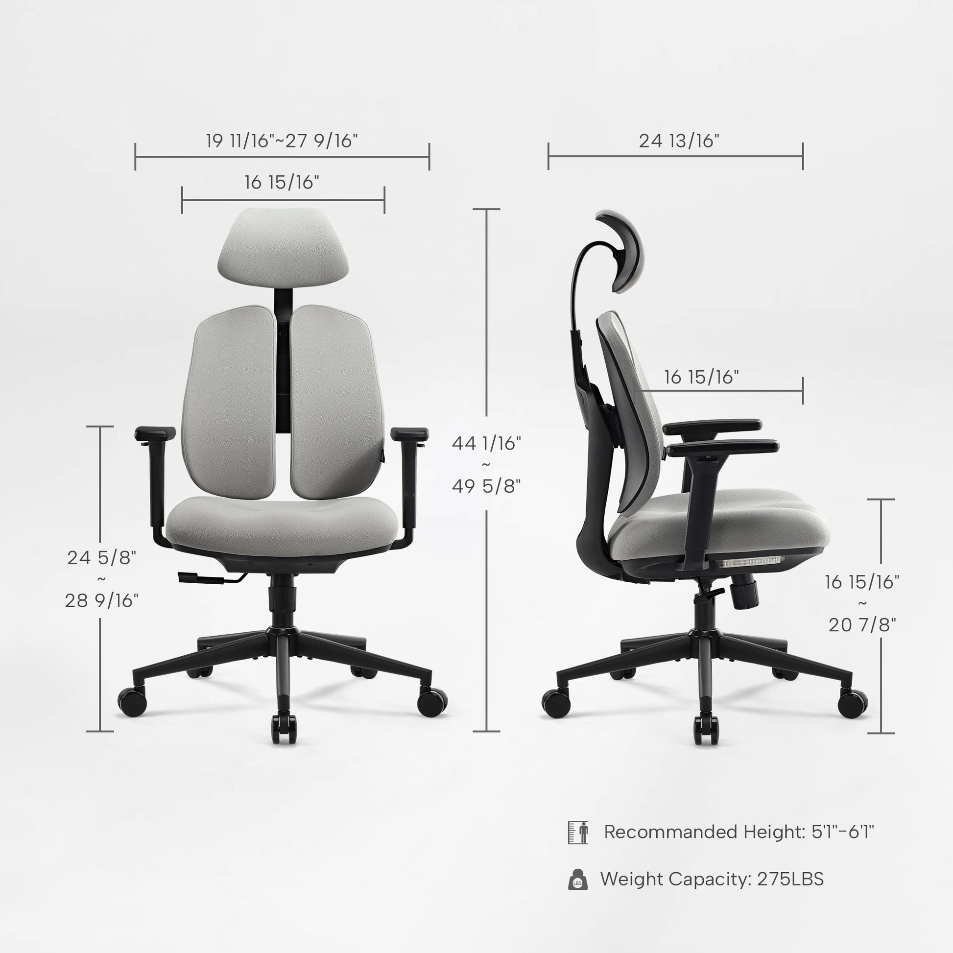 Flex Ergonomic Office Chair Dimensions, Gray Fabric, Adjustable Headrest, and Dual Backrests. Supporting Posture.
