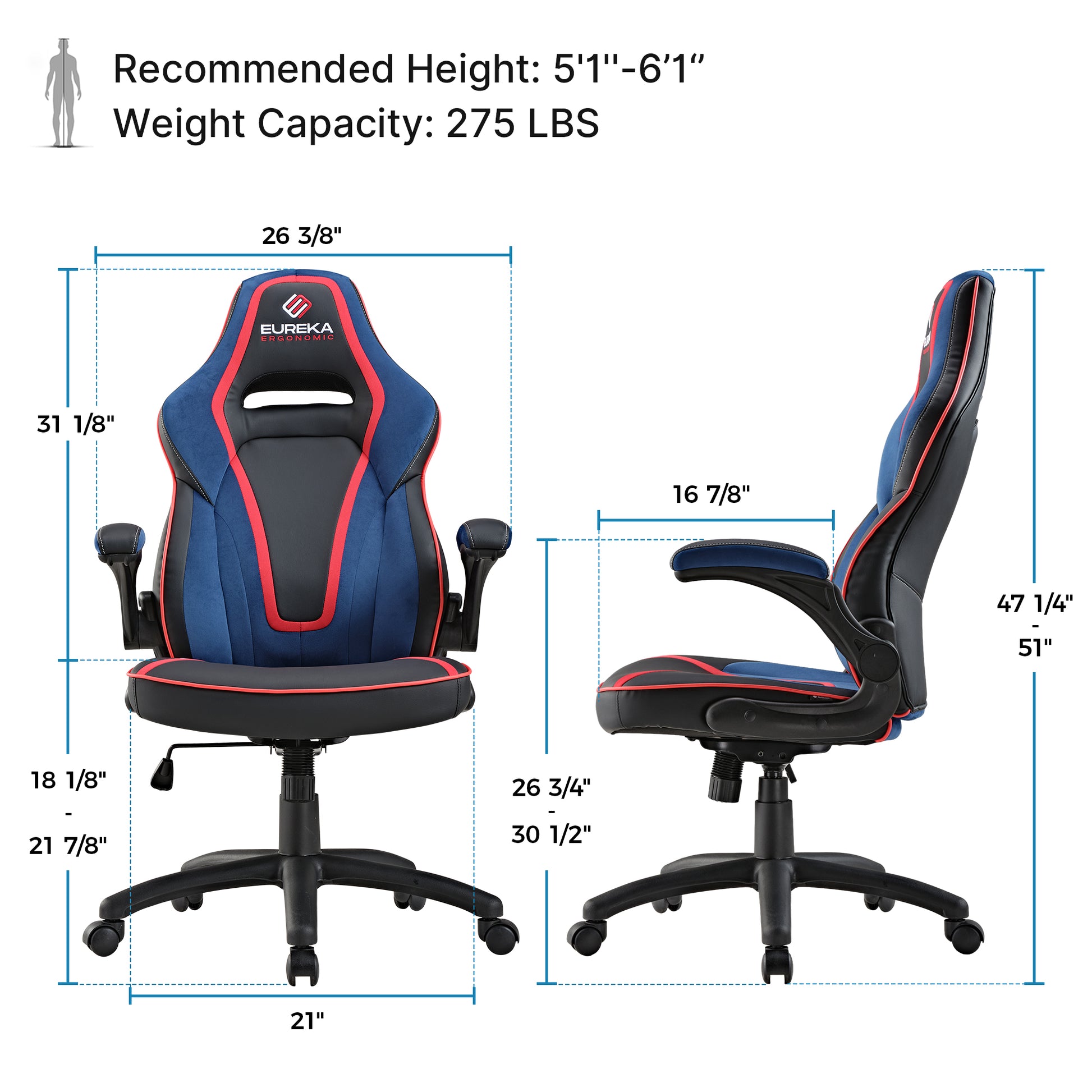 Eureka Ergonomic Vortex Gaming Chair Dimensions, Blue and Black Ergonomic Design With Measurements and Specifications.