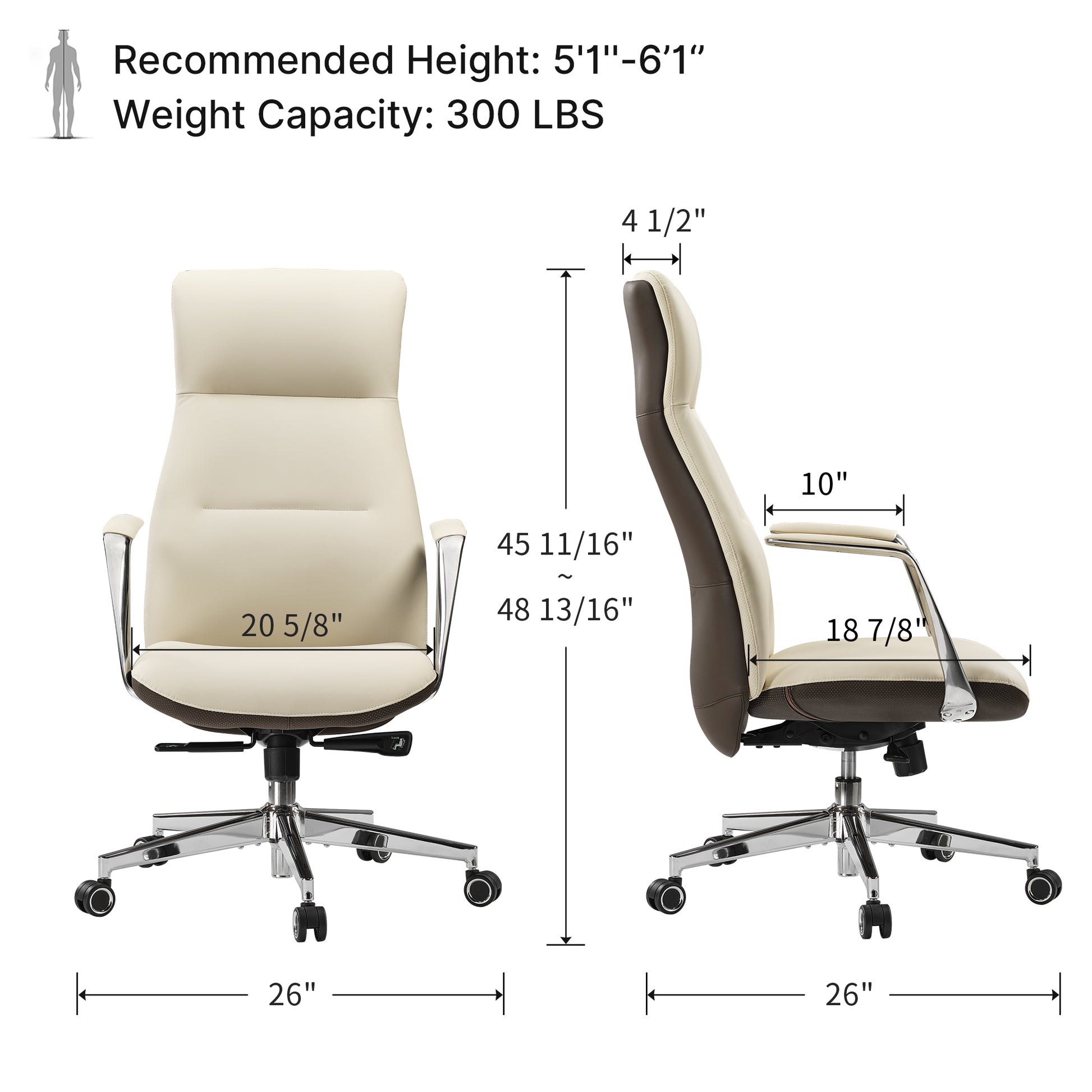 Royal Slim Executive Office Chair: Cream & Brown Leather, Ergonomic Design, Dimensions, Chrome Base, 300 Lbs Capacity.