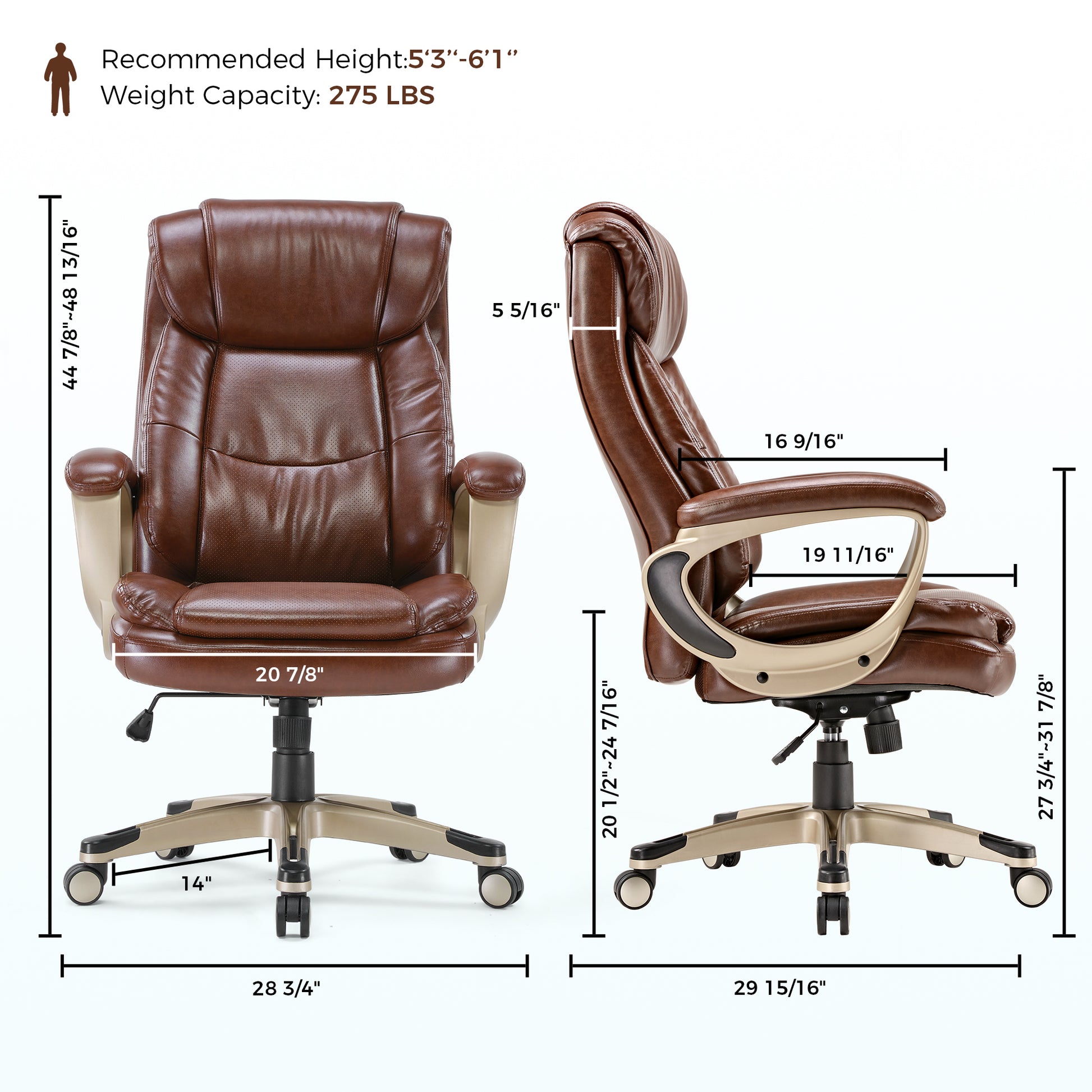 Preston Executive Office Chair in Brown Pu Leather With Dimension, Recommended Height 5'3-6'1, 275 Lbs.