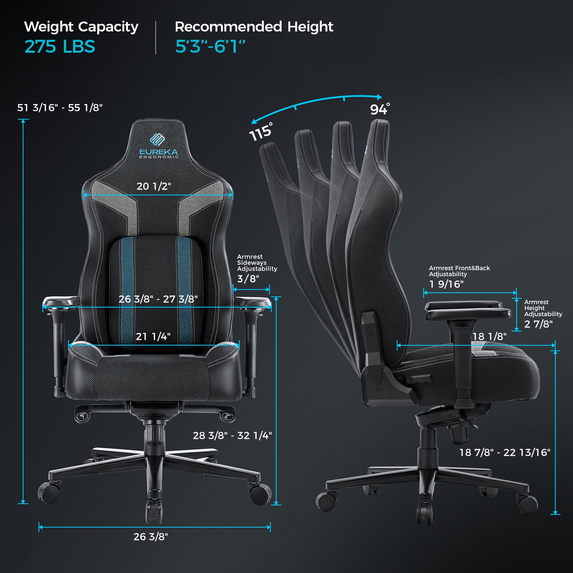 Eureka Ergonomic Hyperx Python II Gaming Chair: Detailed Dimensions, Adjustable Features, and Weight Capacity Specifications.