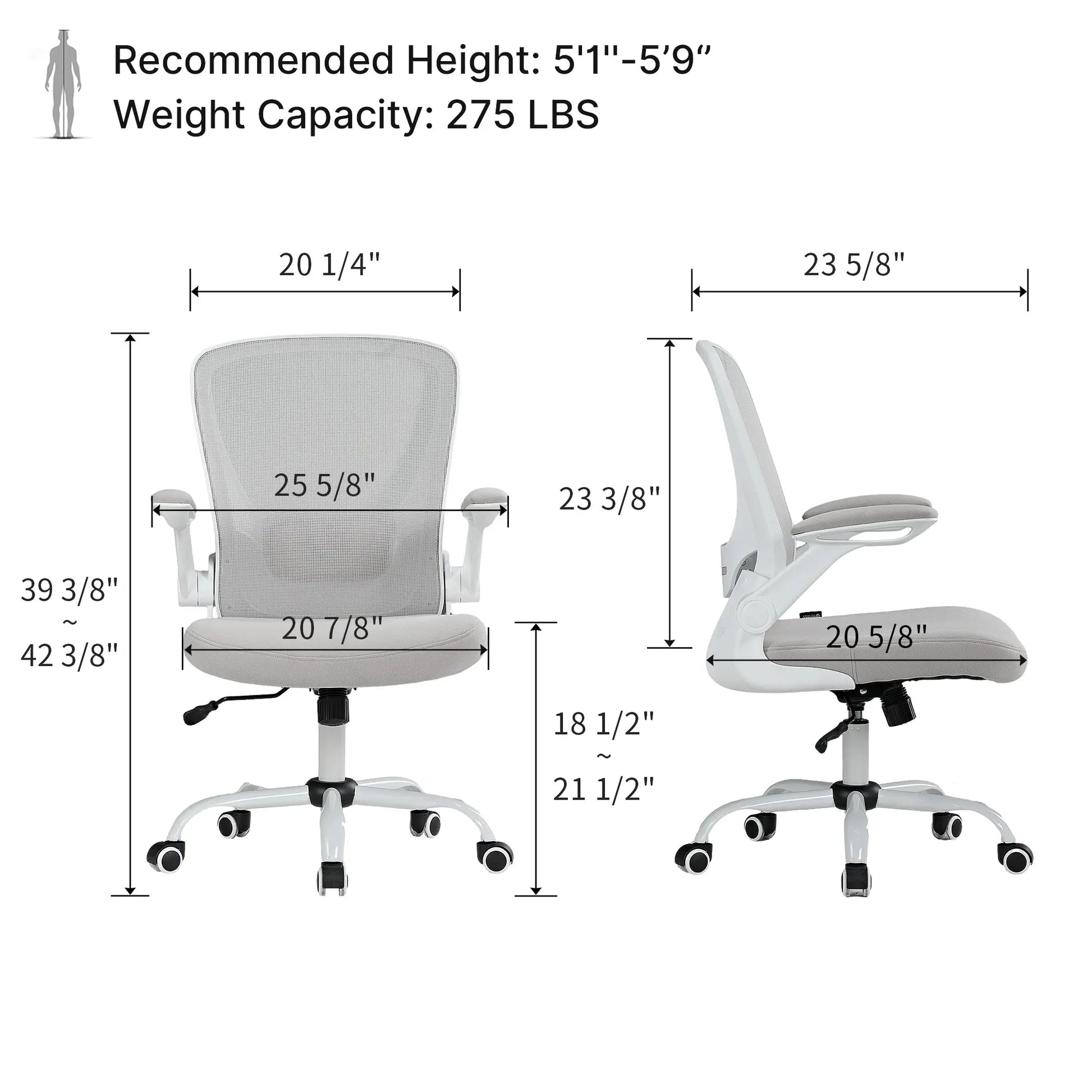Onyx Ergonomic Office Chair Dimensions, White Frame, Gray Mesh, Adjustable Armrests, Ergonomic. Weight Capacity 275 Lbs.