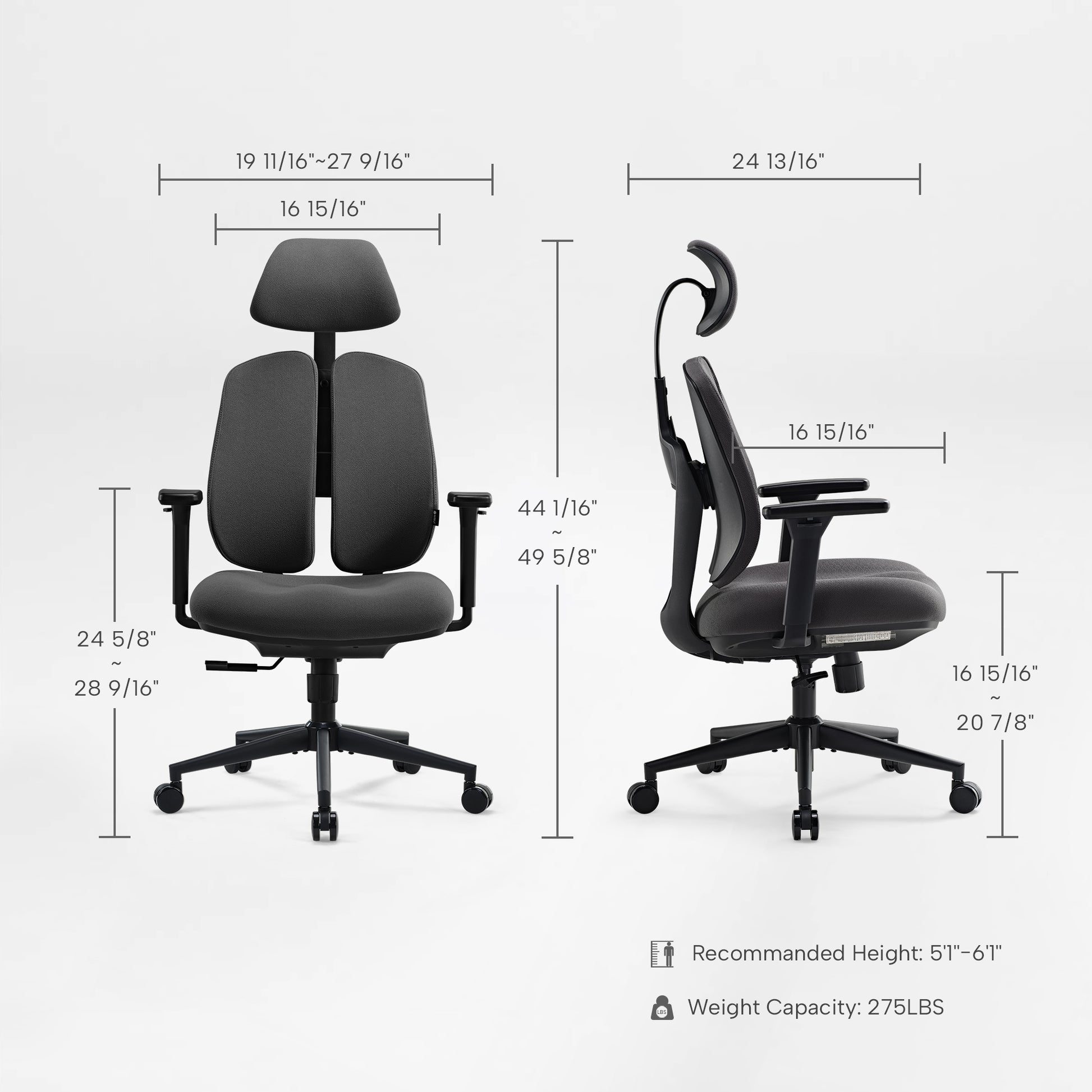 Flex Ergonomic Chair With Dimensions. Dual Backrests, Gray Fabric, Black Frame, Promoting Ergonomic Posture.