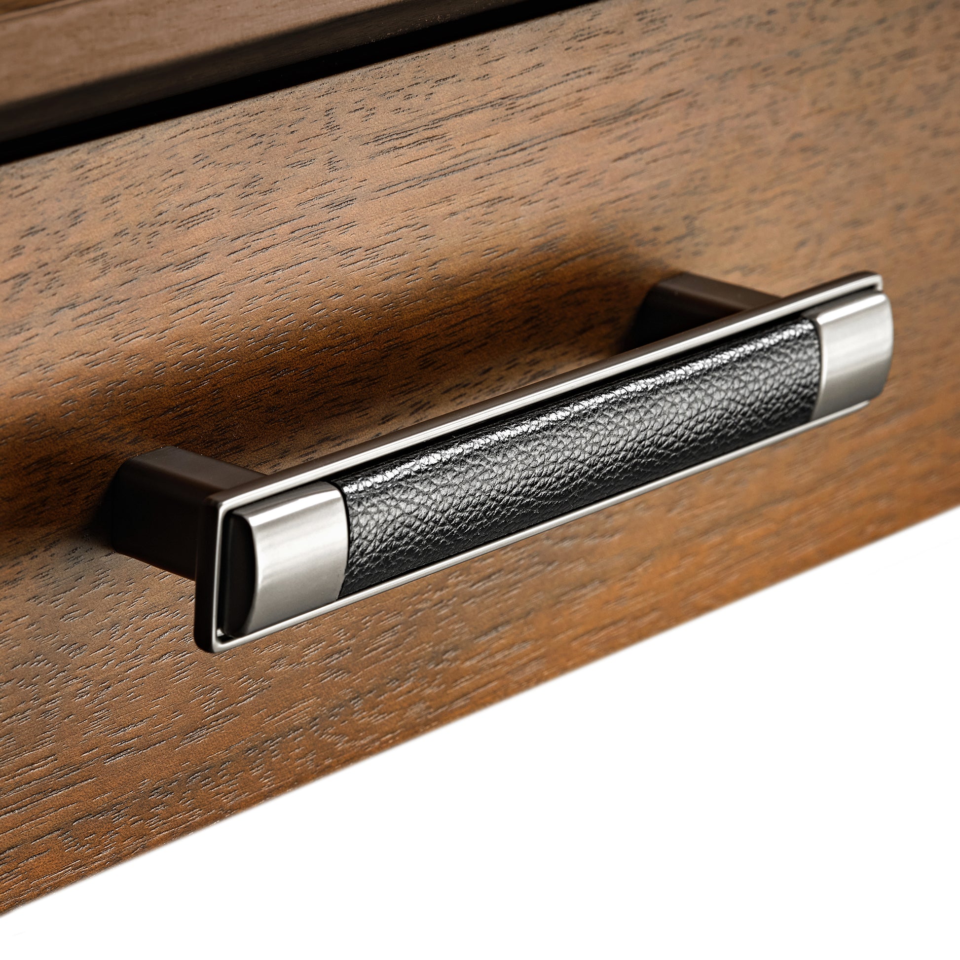 Walnut Standing Desk Drawer With Black Leather and Metal Hardware.