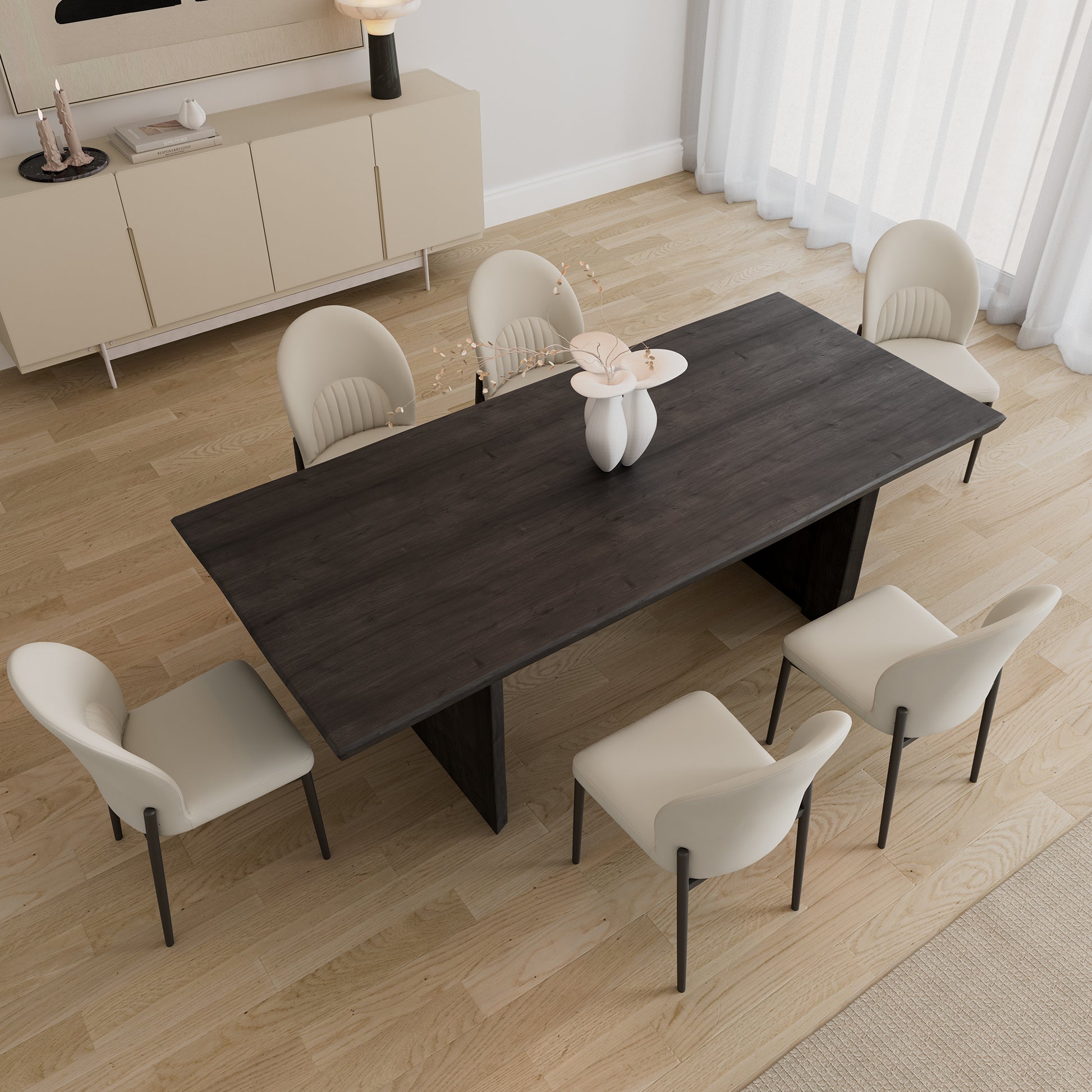 Modern Off-White Leather Dining Chairs Around Dark Wood Dining Table. Chic Minimalist Design.