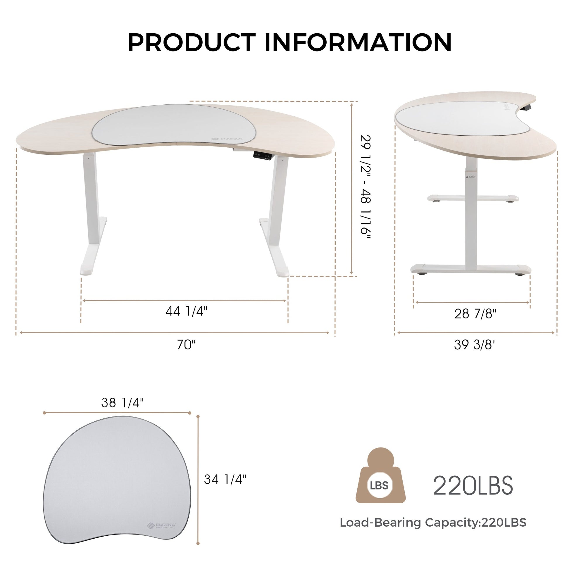 Eureka Ergonomic Cashew Shape Standing Desk Product Information: Dimensions, Load Capacity and Adjustable Height.