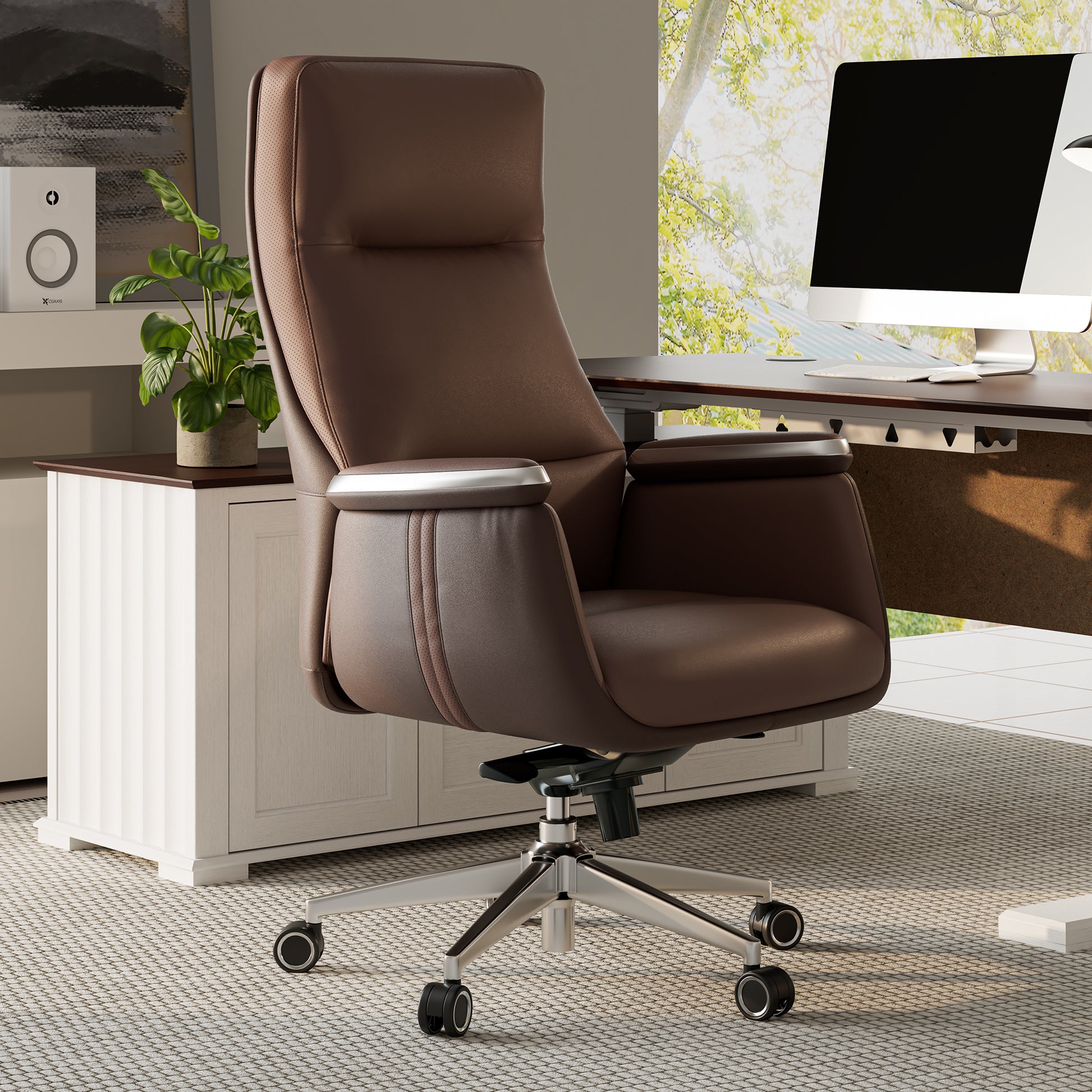 Royal II Executive Ergonomic Office Chair in Brown Leather, Modern Office Setting, Ergonomic Design.