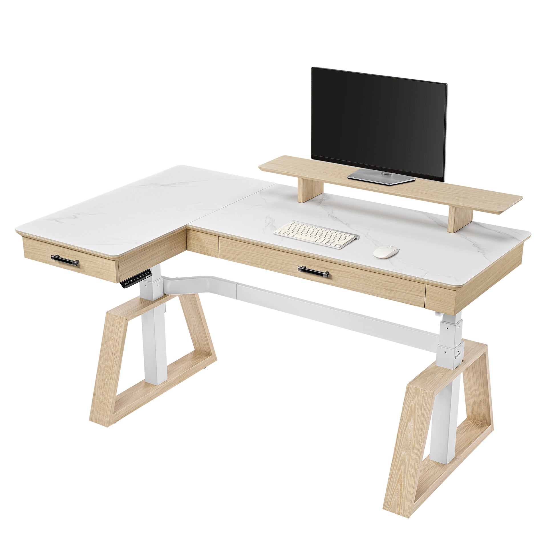 Eureka Ergonomic Ark Pro L-Shaped Standing Desk With White Sintered Stone Top, Wooden Accents, Height Adjustable Desk.