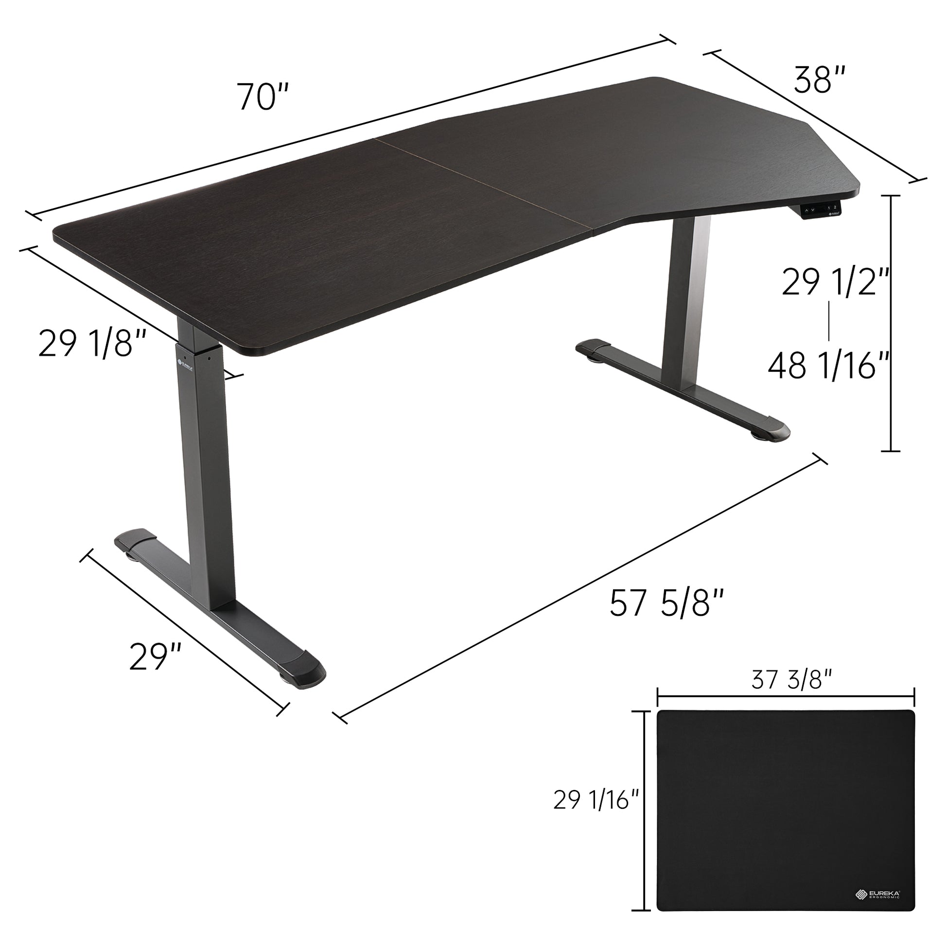 Eureka Ergonomic 70 Heptagon Standing Desk, Black Wood Veneer Finish, Height Adjustable With Dimensions.