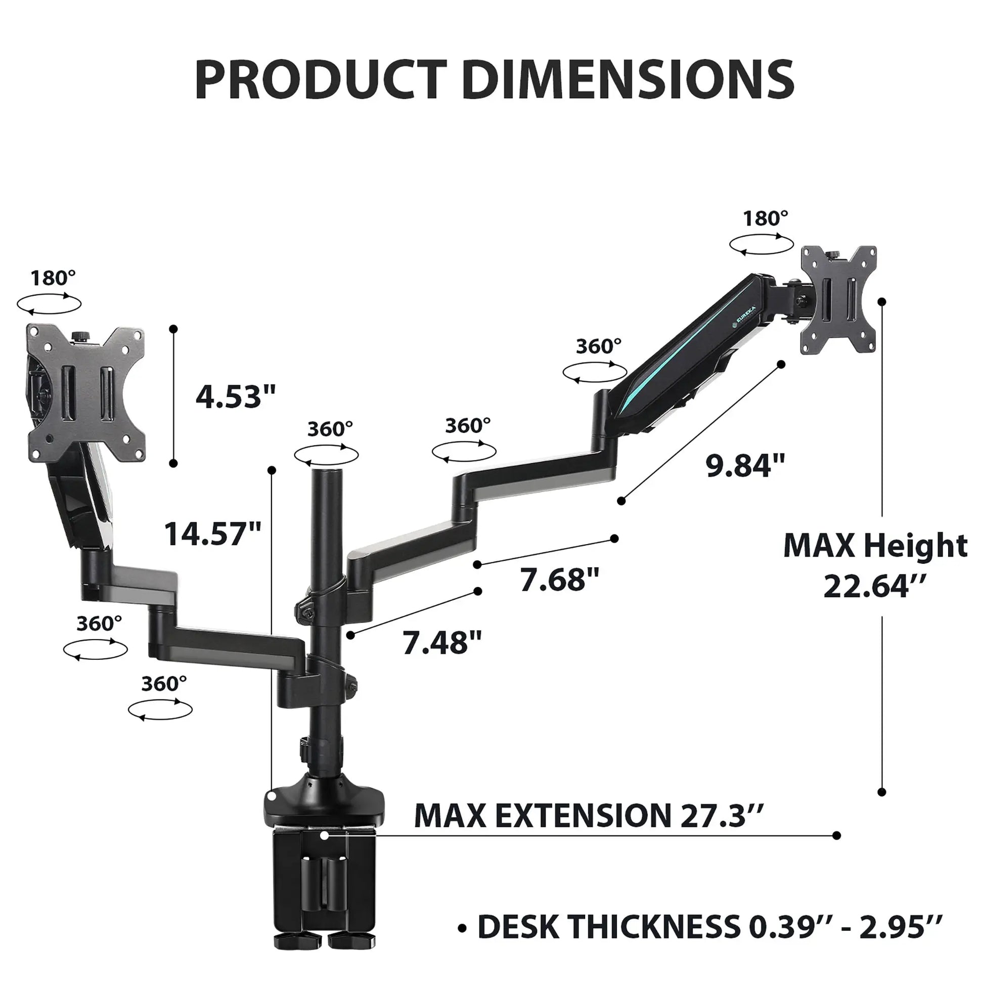 Eureka Ergonomic Dual Monitor Arm Dimensions: Height, Extension, and Desk Thickness.