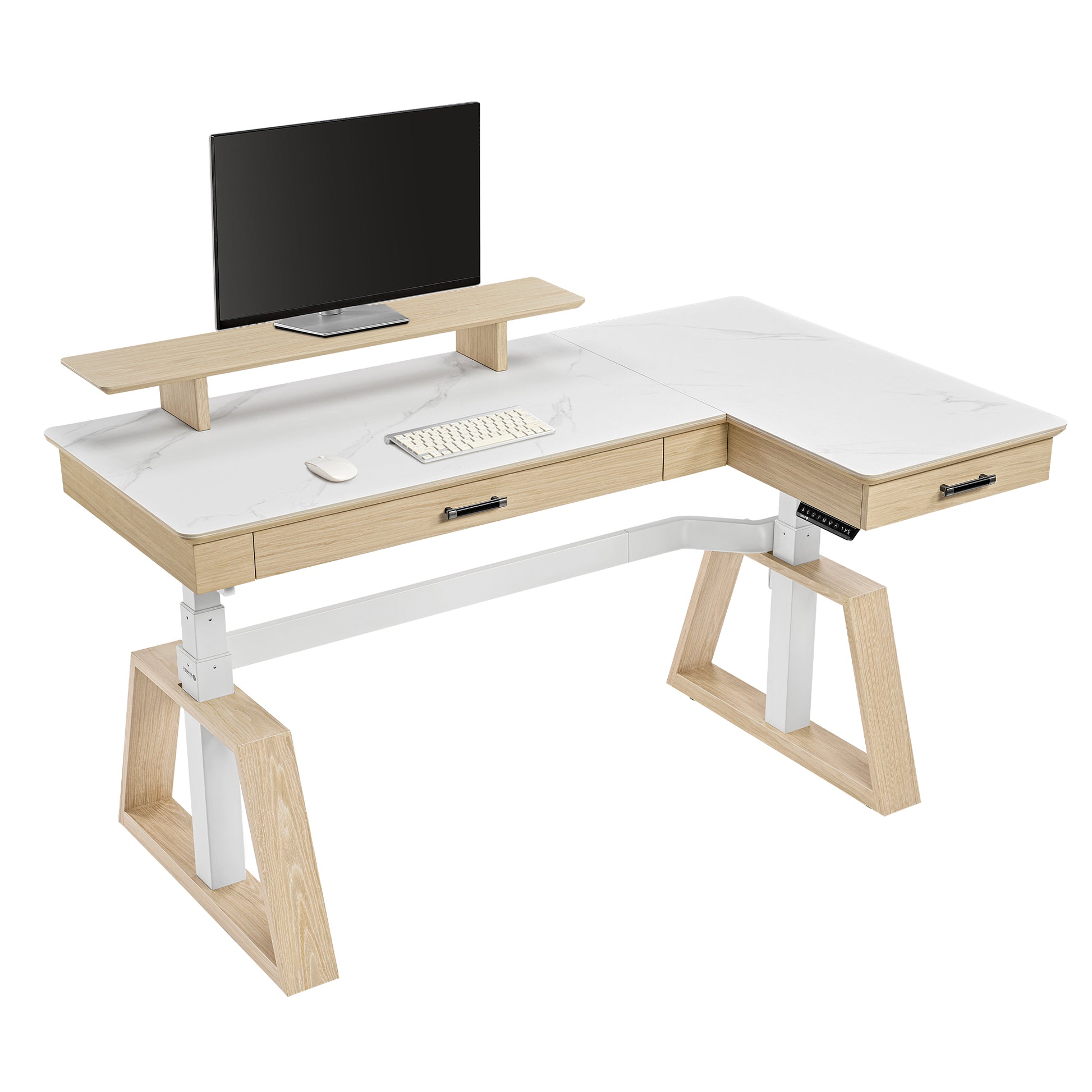 Ark Pro L-Shaped Standing Desk. White Sintered Stone, Wood Accents, Height Adjustable Desk With Monitor Setup.