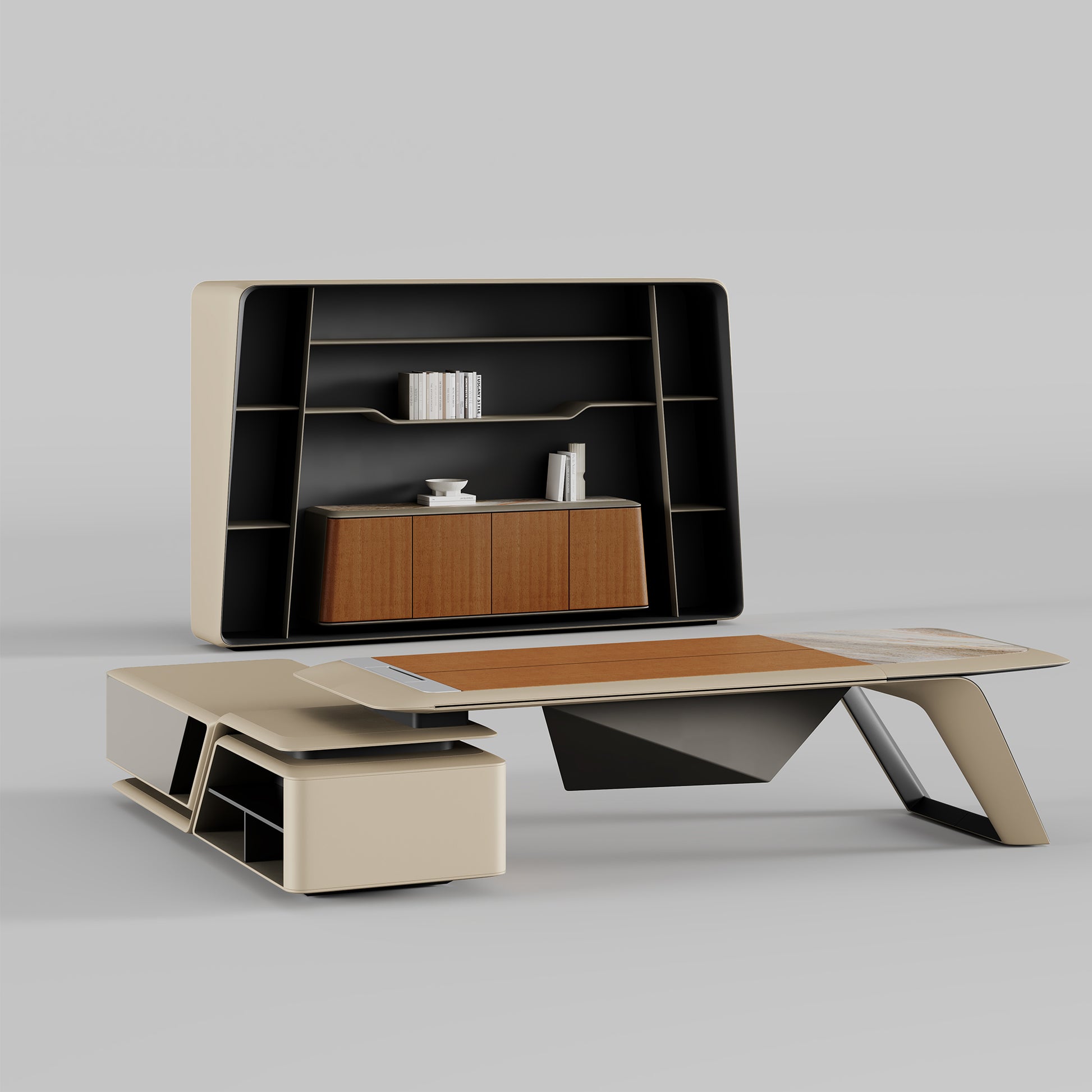 Eureka Ergonomic Zen Lunar desk and bookcase set: wood top, marble inlay, beige & black frame.
