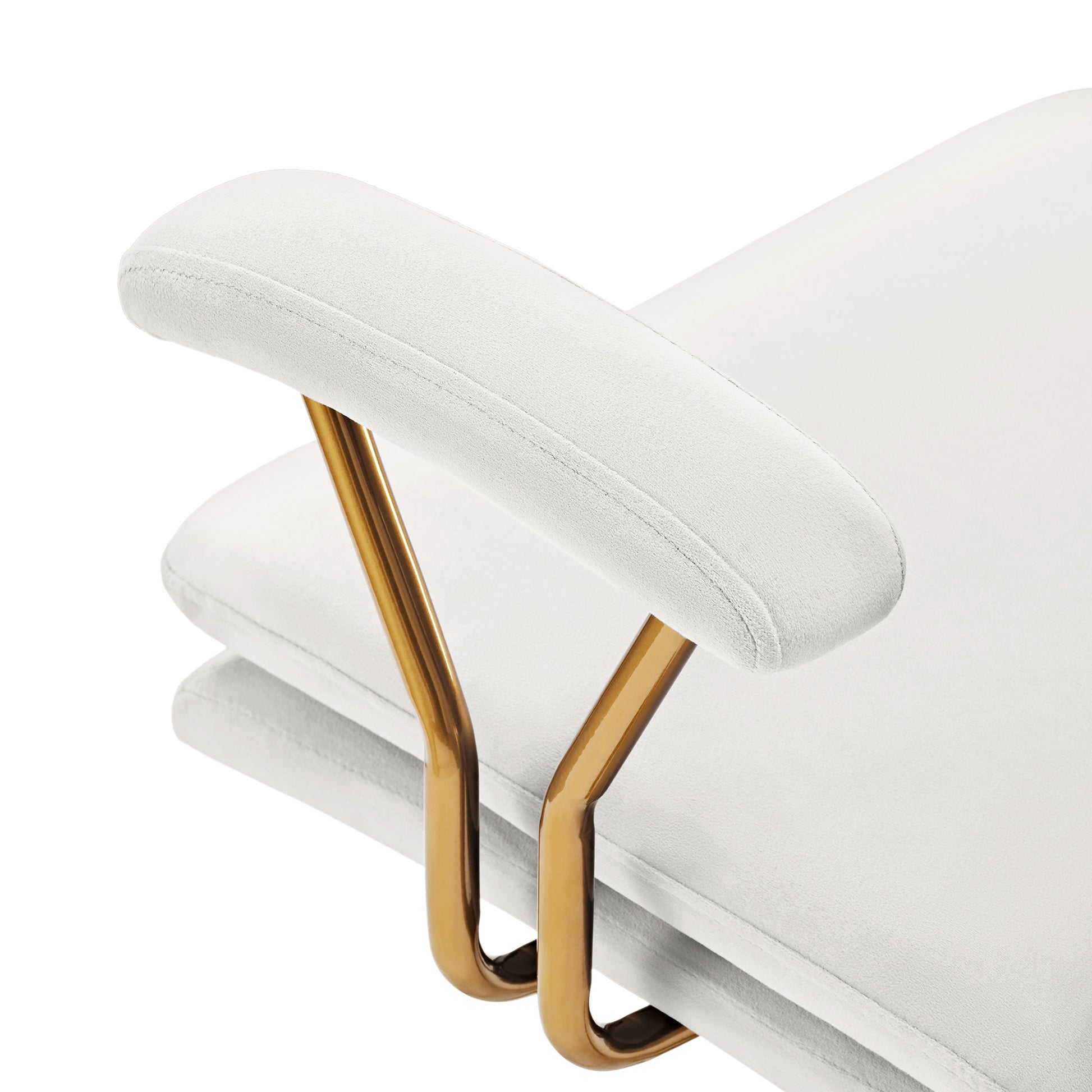 Adena Velvet Office Chair Detail - White Velvet Upholstery With Gold Base Accents.
