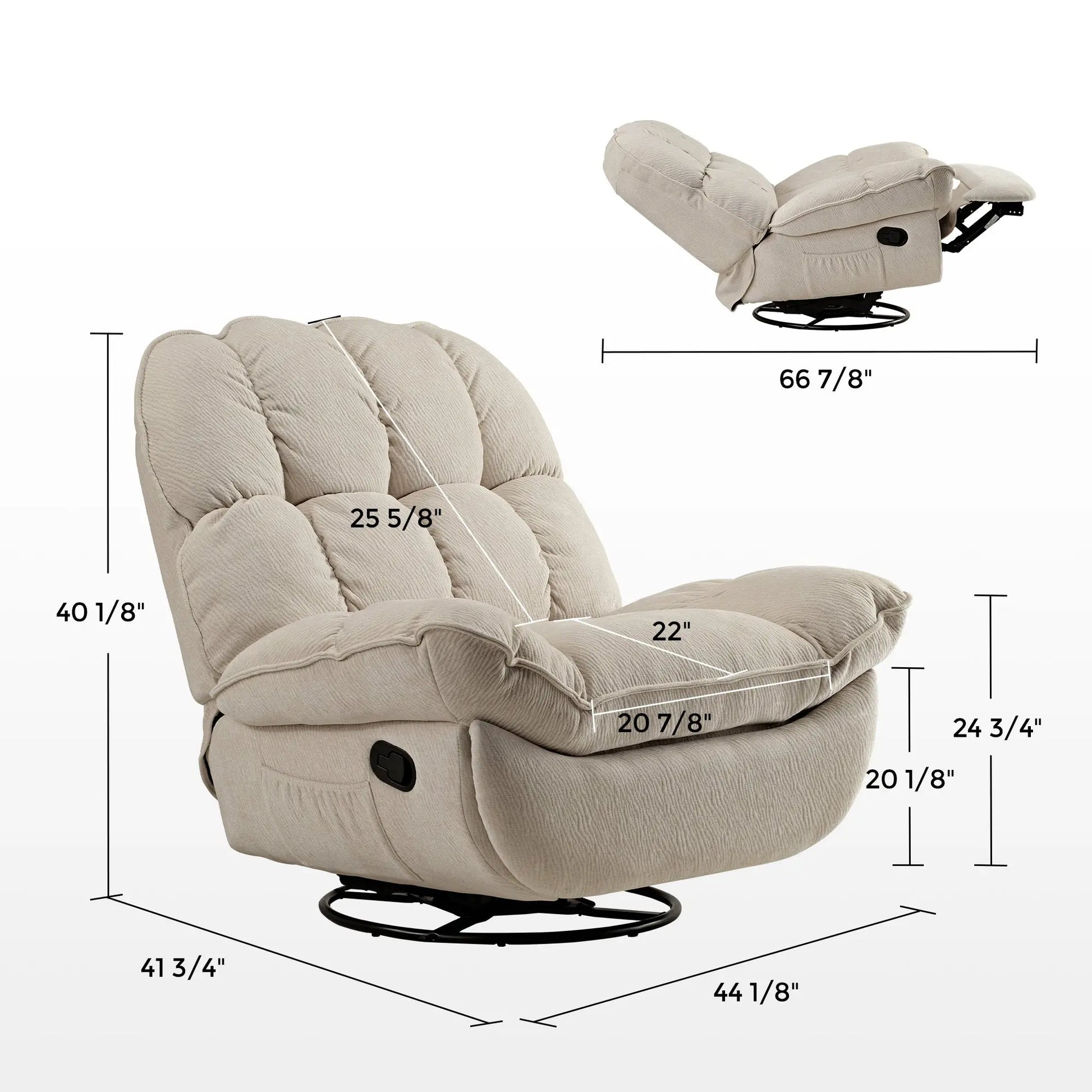 Grayson Manual Recliner in Beige Chenille, Showing Dimensions and Details: Width, Height, Depth, and Reclined Length.