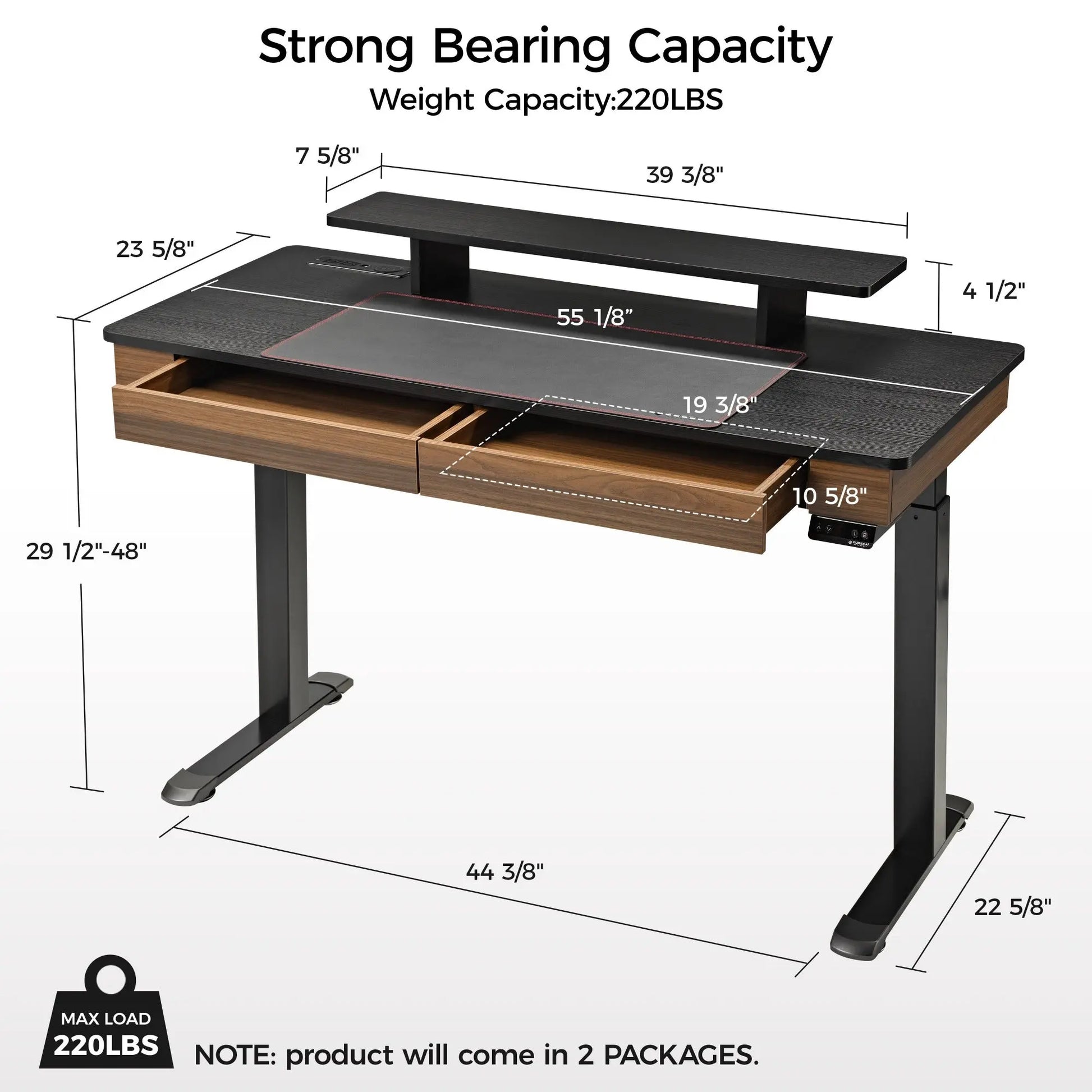 Eureka Ergonomic Standing Desk With Drawers, Black Top and Wood Finish, 220Lbs Capacity.