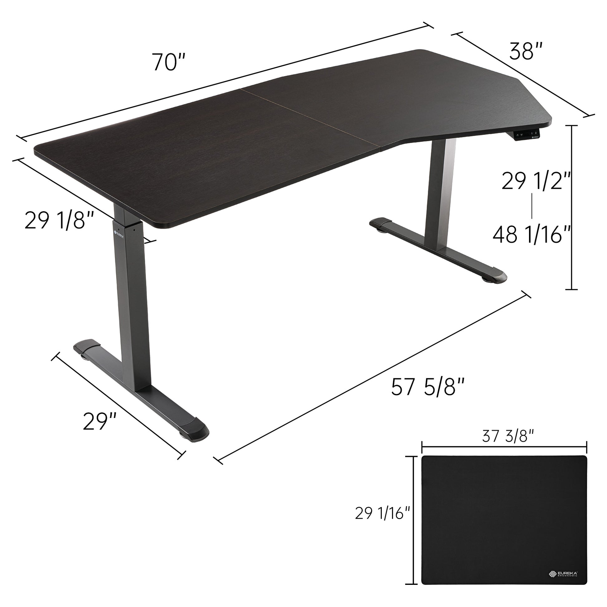 Eureka Ergonomic 70-Inch Heptagon Standing Desk With Dimensions, Black Wood Veneer, and Modern Design for Home Office.