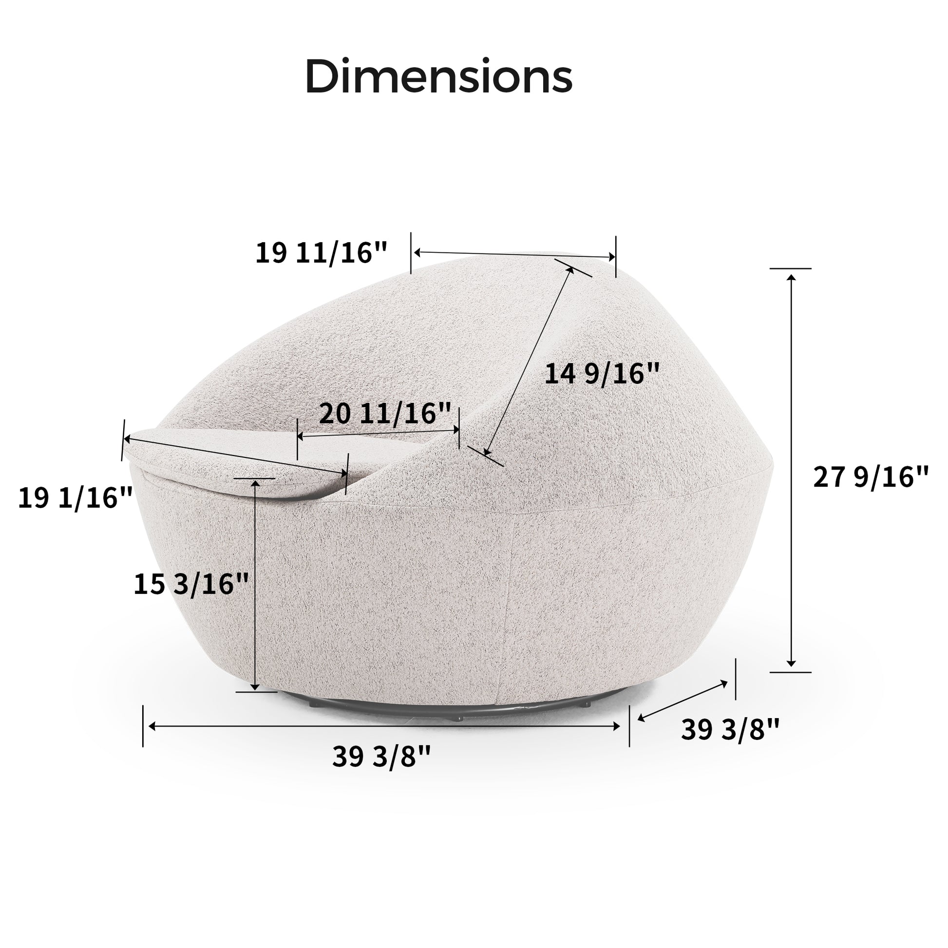 Stella Swivel Lounge Chair Dimensions Diagram, Light Gray Fabric and Measurements.