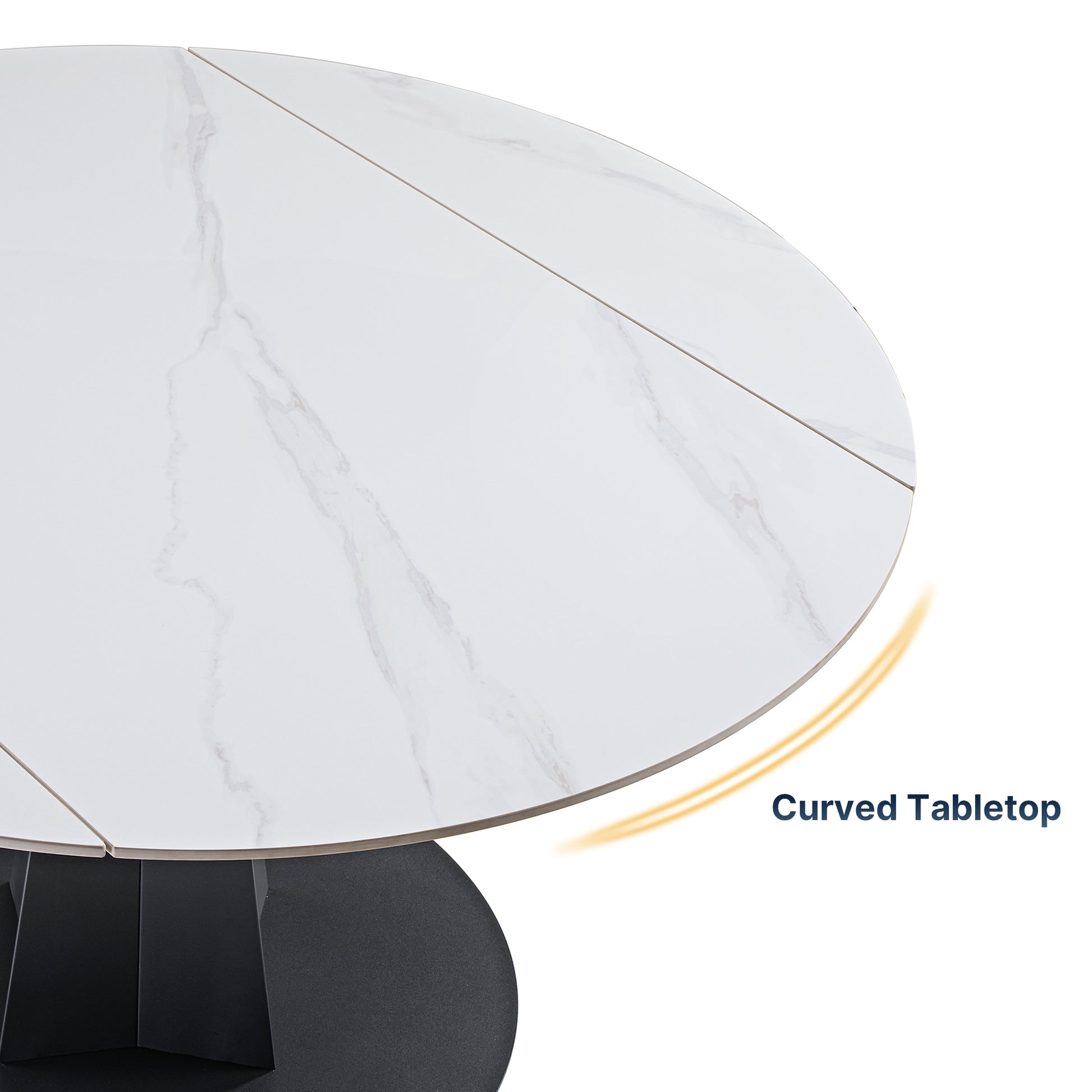 53 inch White Round Extending Dining Table with Black Base, white Curved Tabletop