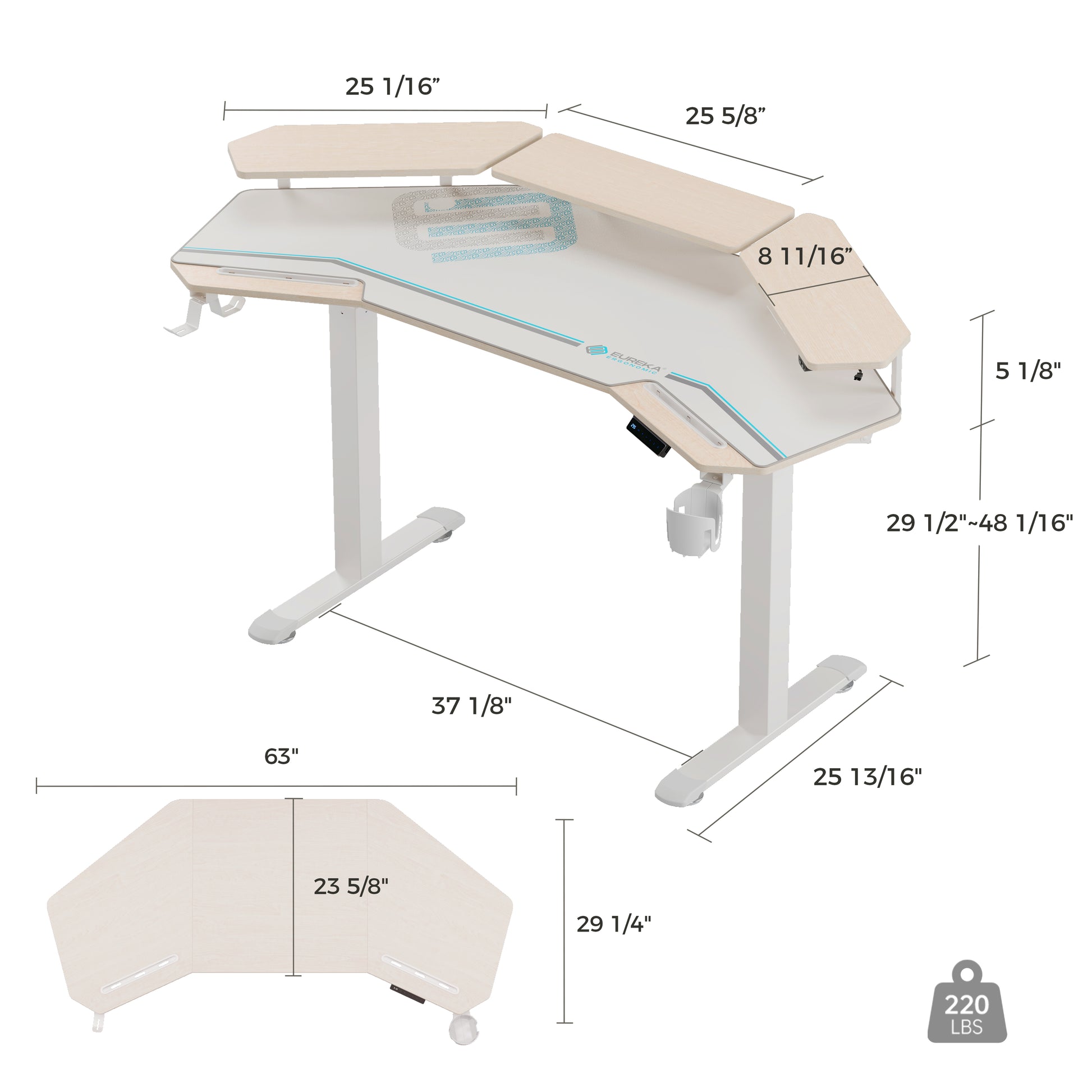 Eureka Ergonomic Aero Pro 63 Standing Desk, Wing-Shaped, Adjustable Height, White and Wood Finish, Ergonomic Gaming Desk.