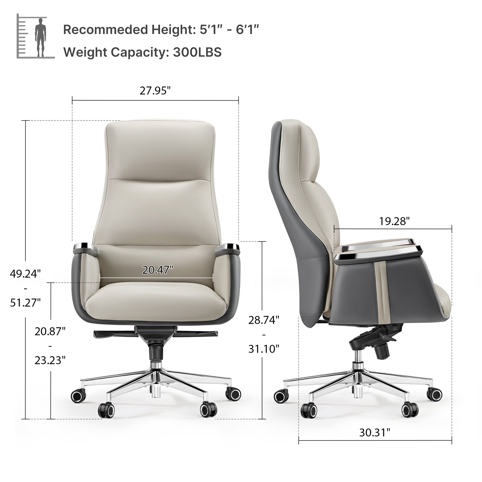 Royal II Executive Office Chair Dimension, Cream Leather, Gray Accents, and Ergonomic Design, Max Capacity 300 Lbs.