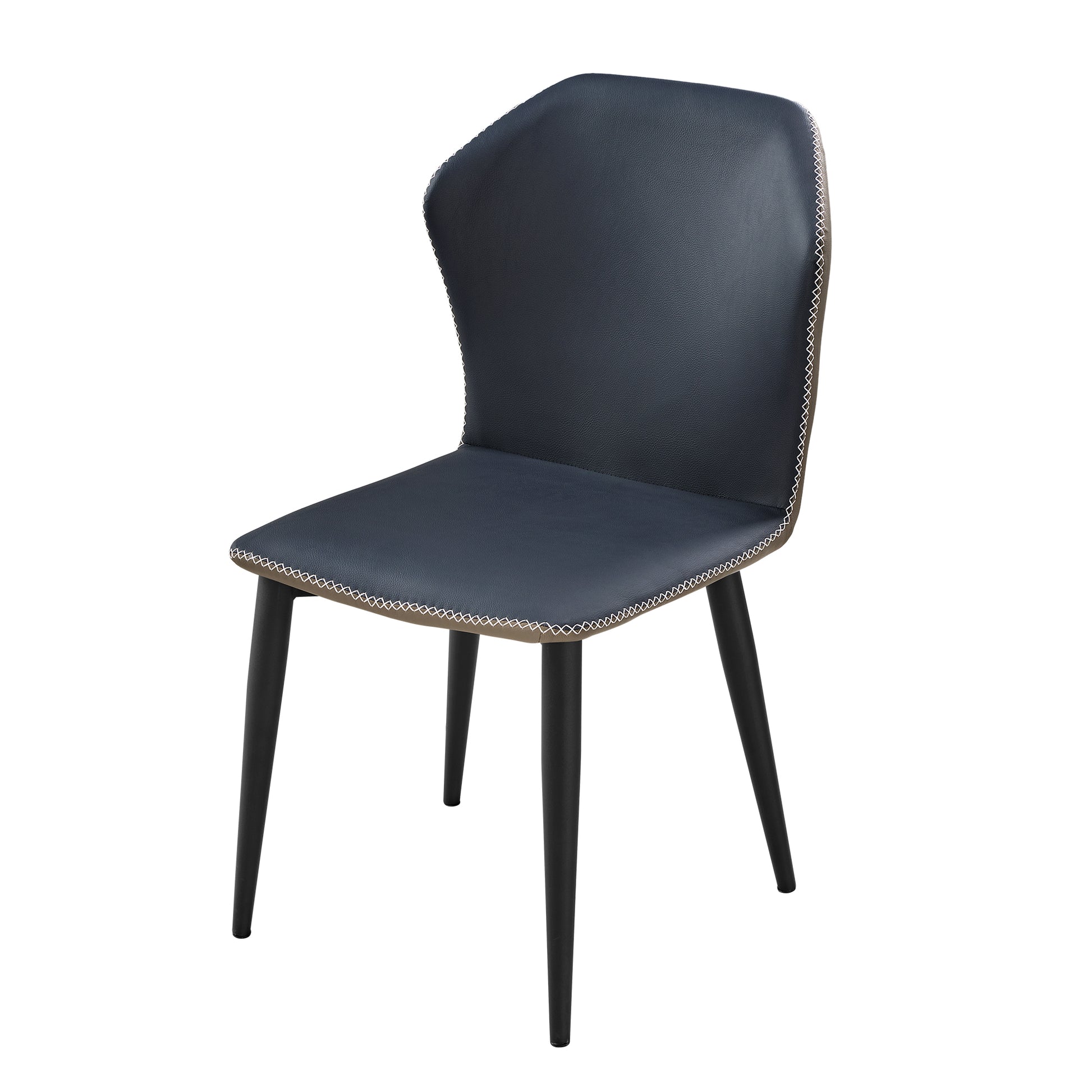 Elysian Blue Dining Chair, Blue Pu Leather With White Stitching, Black Metal Legs.