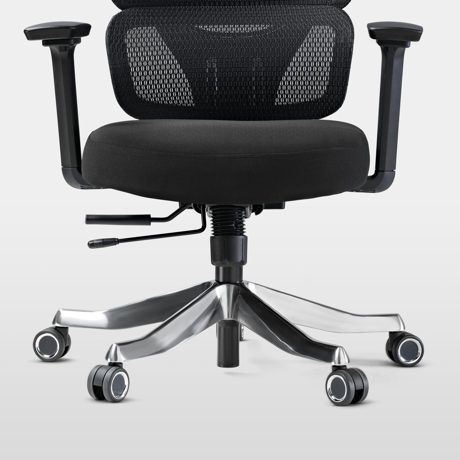 Axion Ergonomic Hybrid Chair Detail: Black Mesh, 3D Armrests, and Ergonomic Design for Comfortable Work and Gaming.