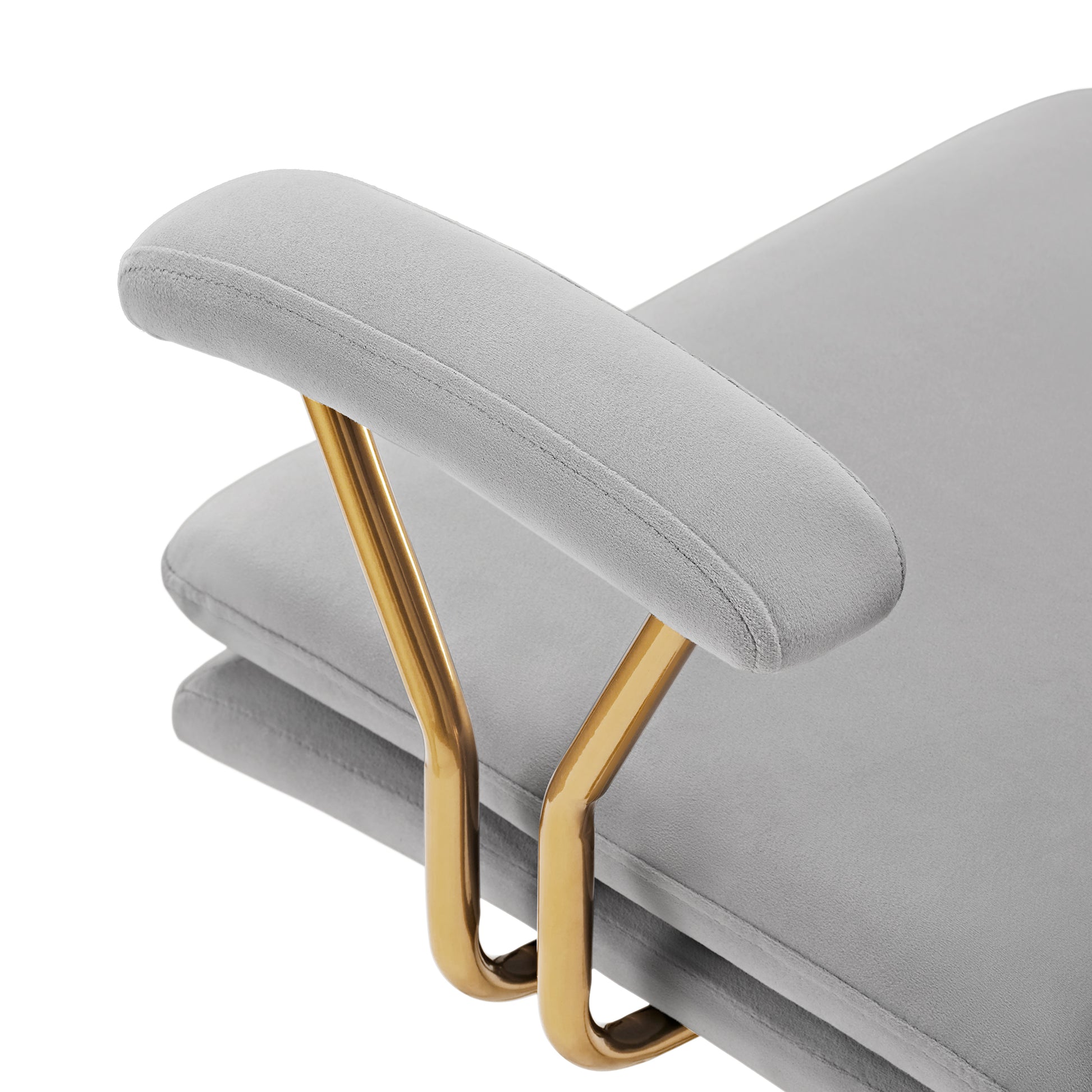 Adena Velvet Office Chair Detail: Gray Velvet Armrest and Seat With Gold Base, Modern Office Design.