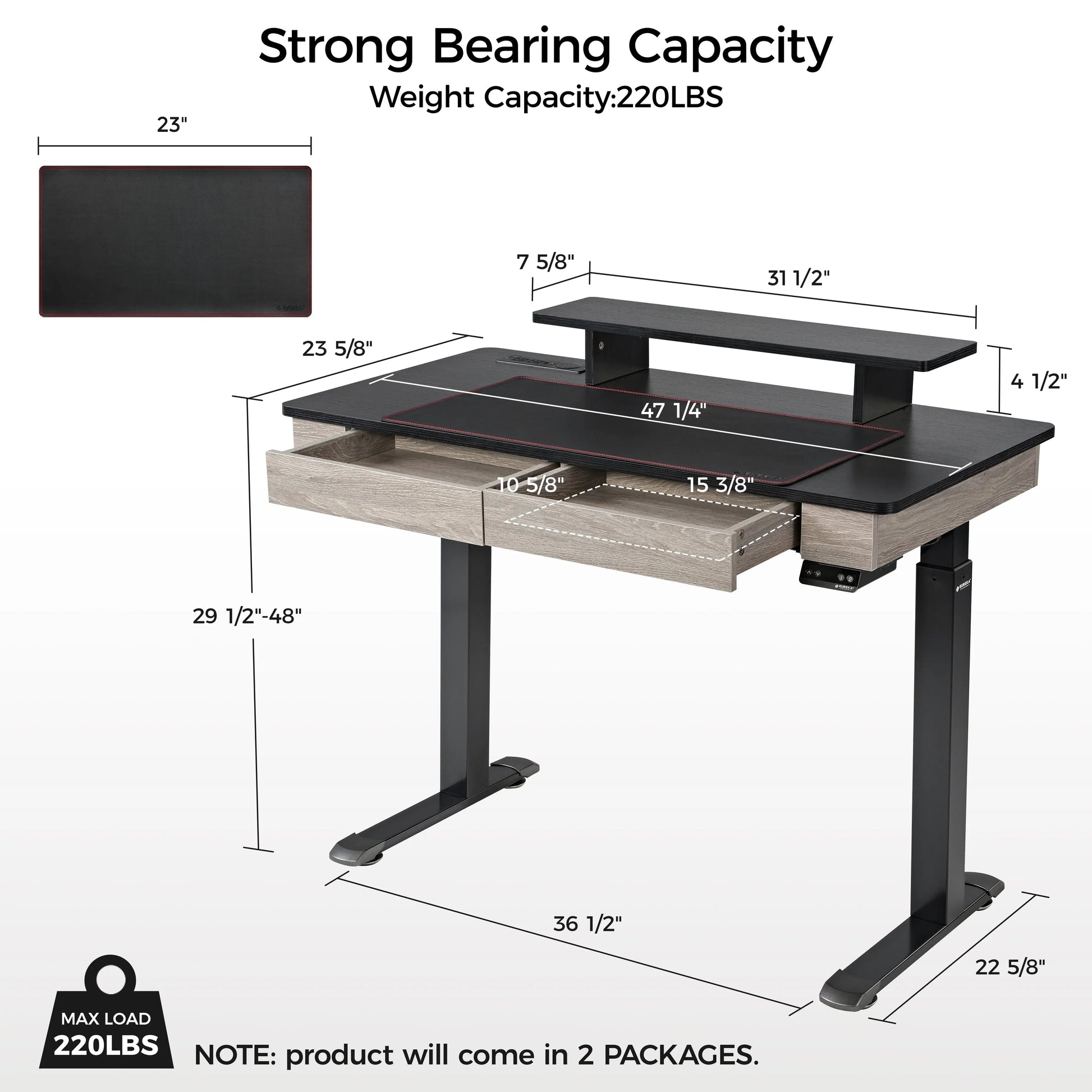 47 Eureka Ergonomic Standing Desk With Drawers, Grey and Black Wood Finish, and Dimensions Details, 220Lbs Capacity.