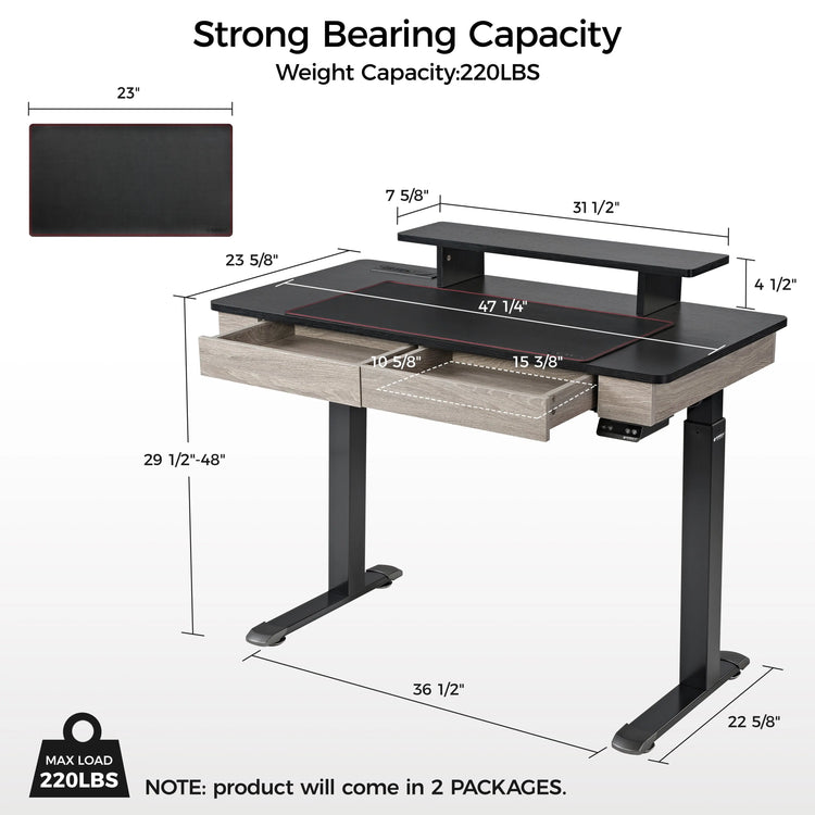 47 Eureka Ergonomic Standing Desk With Drawers, Grey and Black Wood Finish, and Dimensions Details, 220Lbs Capacity.
