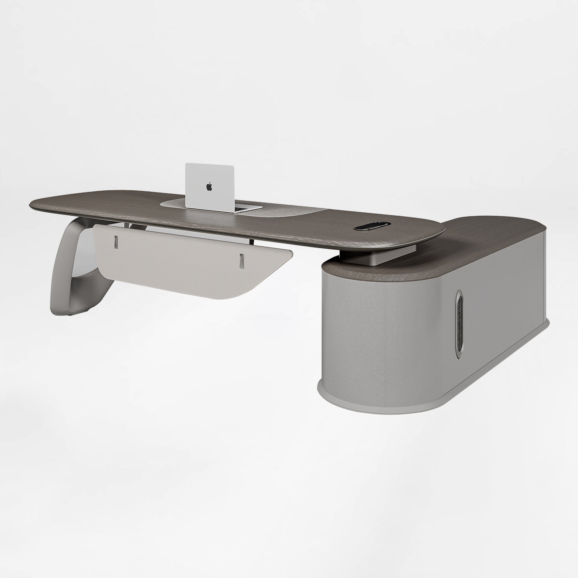 Eureka Ergonomic Zen Orion executive desk with wood grain top, built-in laptop stand, wireless charging, and curved metal leg.