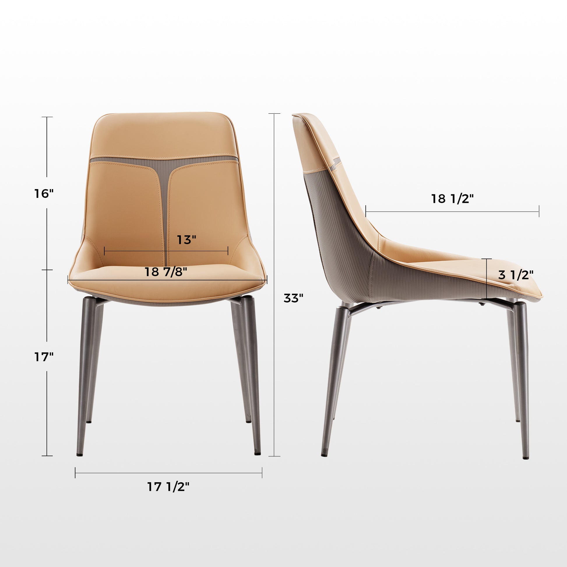 Couture Dining Chair in Turmeric Leather With Gray Accents, Product Dimensions Shown.
