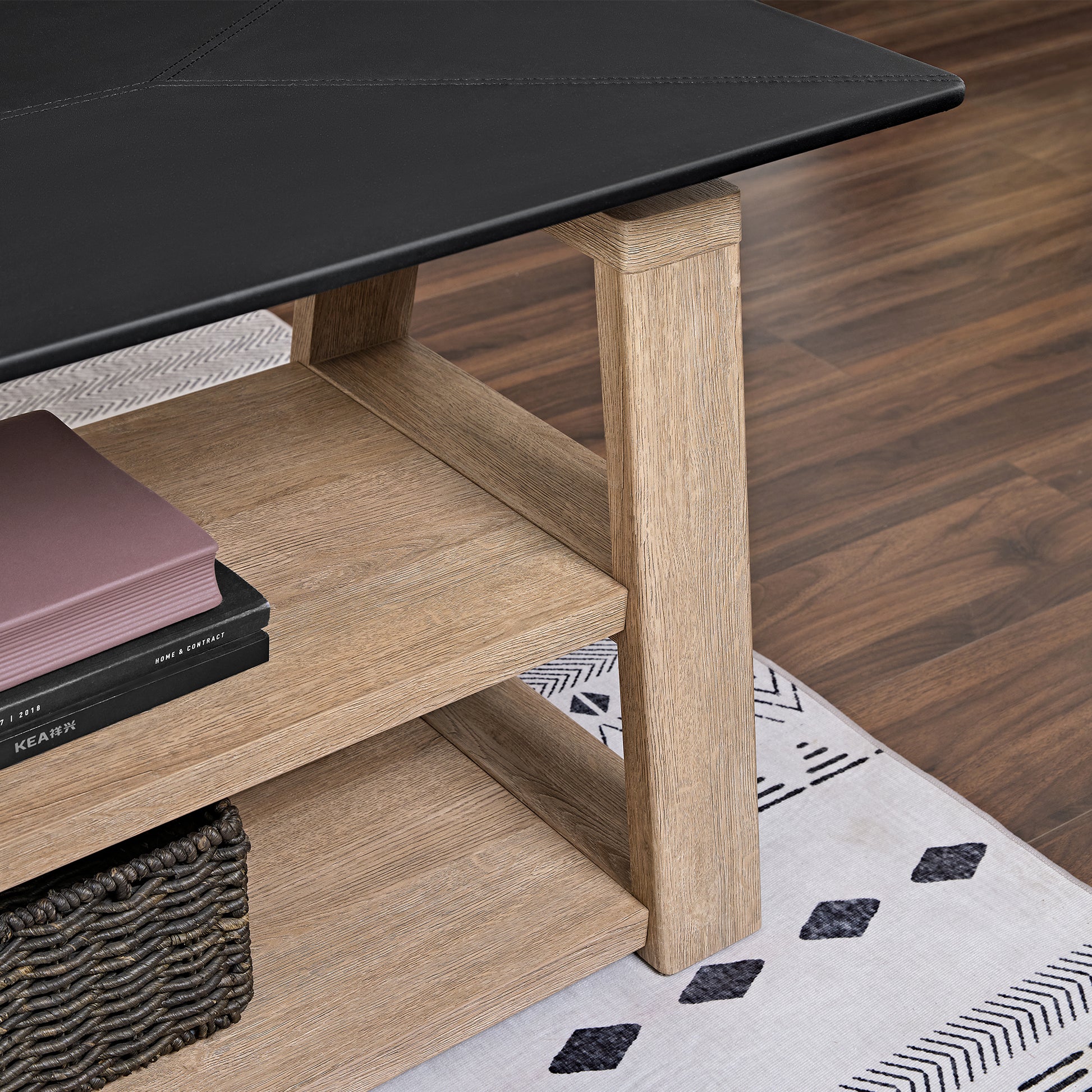 Ark Ex Executive Standing Desk Detail With Black Desktop and Oak Veneer, Modern Office Setup, Integrated Storage.